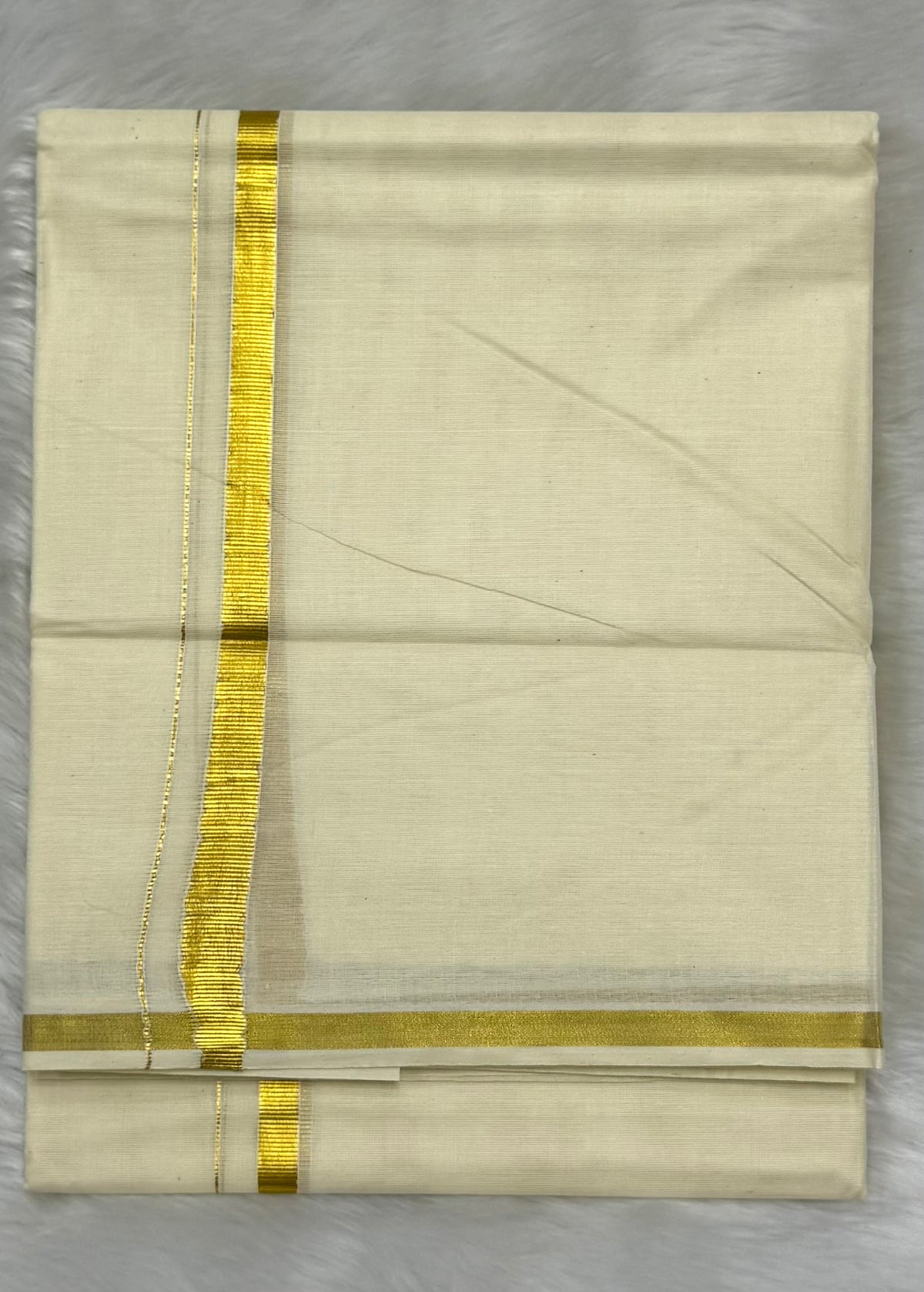 MEN'S CREAM DOUBLE DHOTI WITH GOLD ZARI BORDER 1/2"