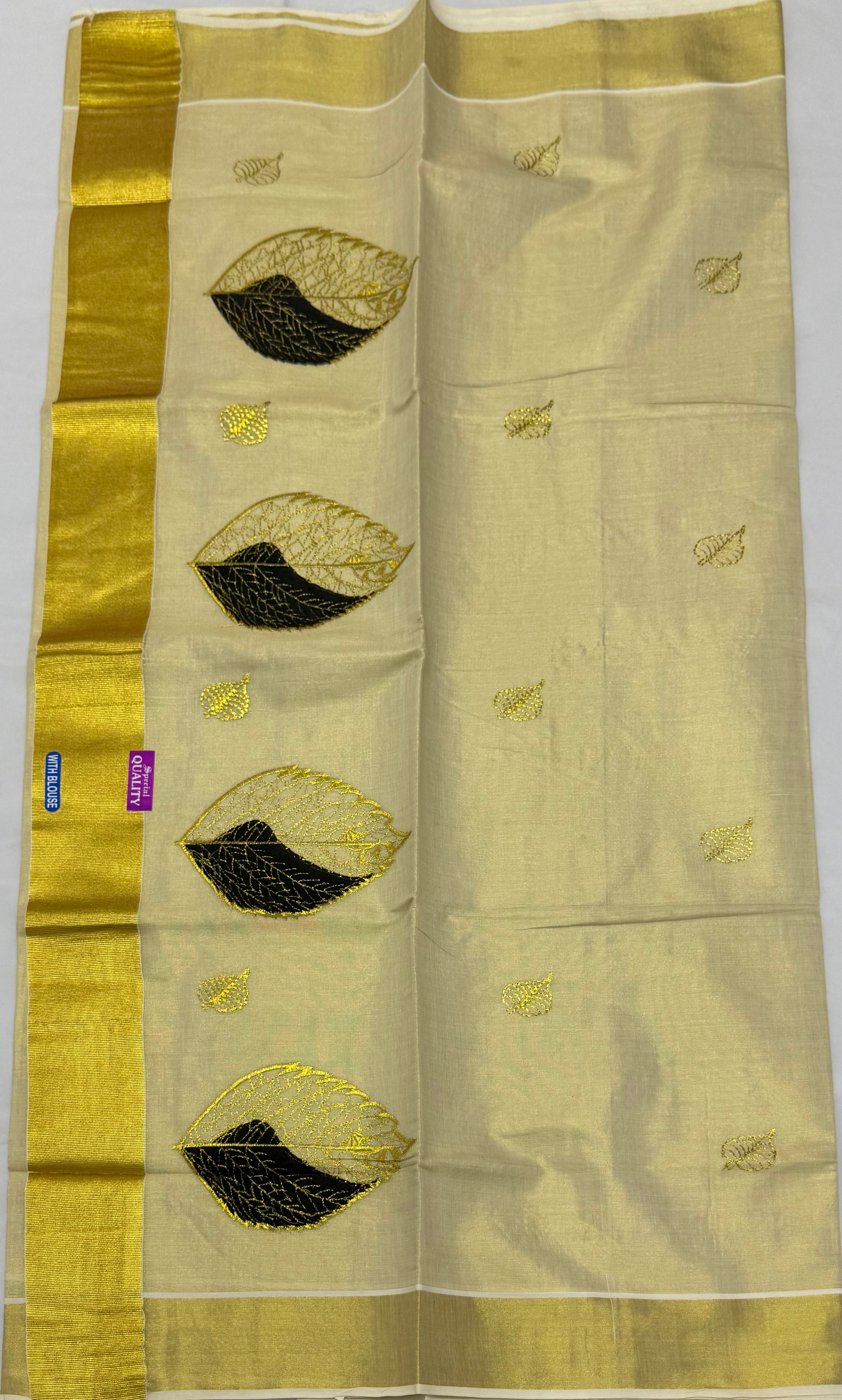 KERALA KASAVU TISSUE SILK EMBROIDERY  SAREE - (GOLD,CREAM)