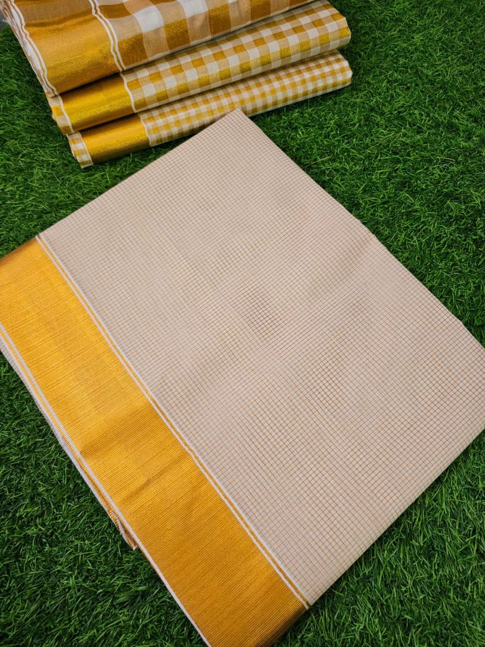 CHECKED KERALA KASAVU COTTON SAREE (BEIGE)