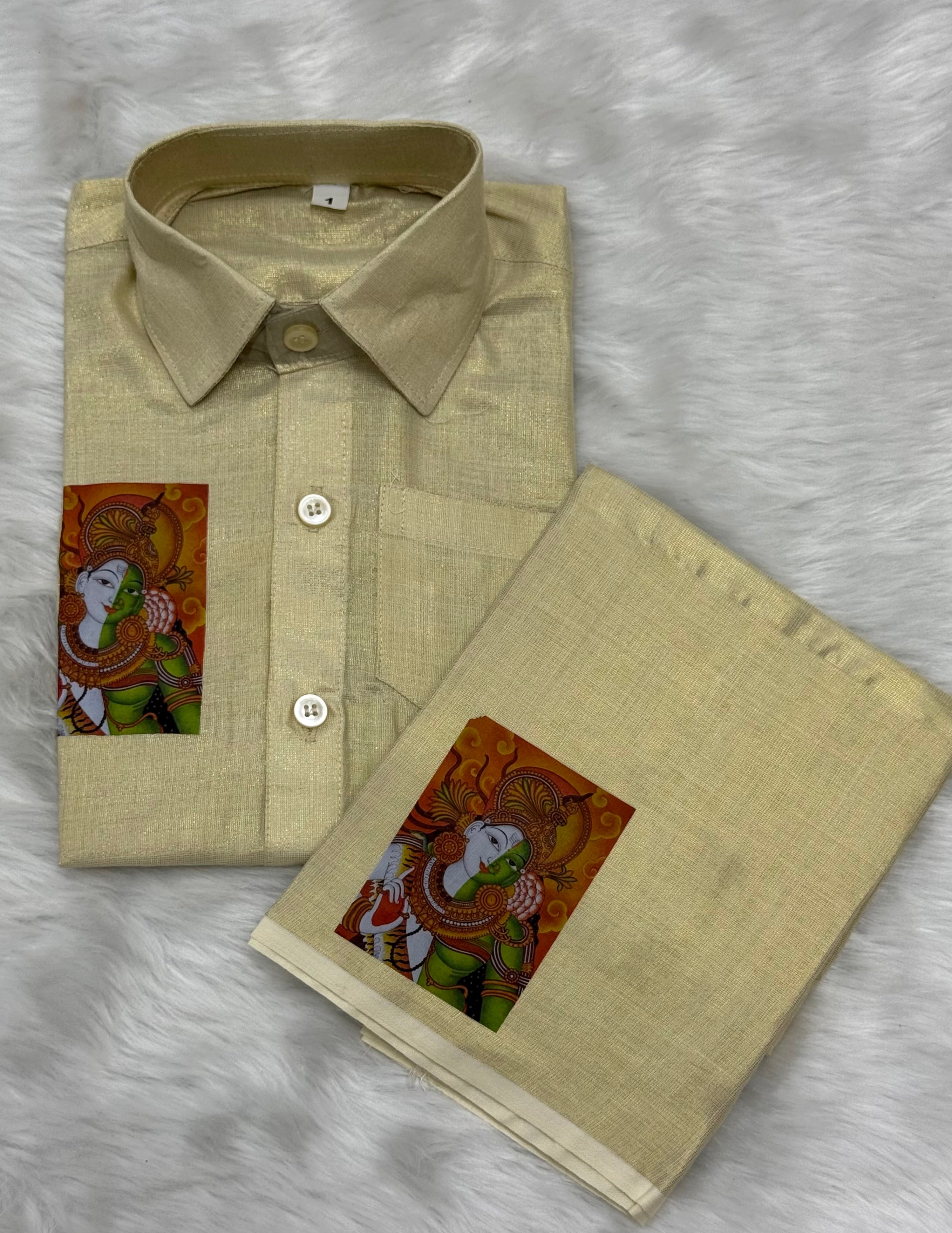 KIDS CULTURAL PRINTED VELCRO DHOTI & SHIRT COMBO SET - GOLD
