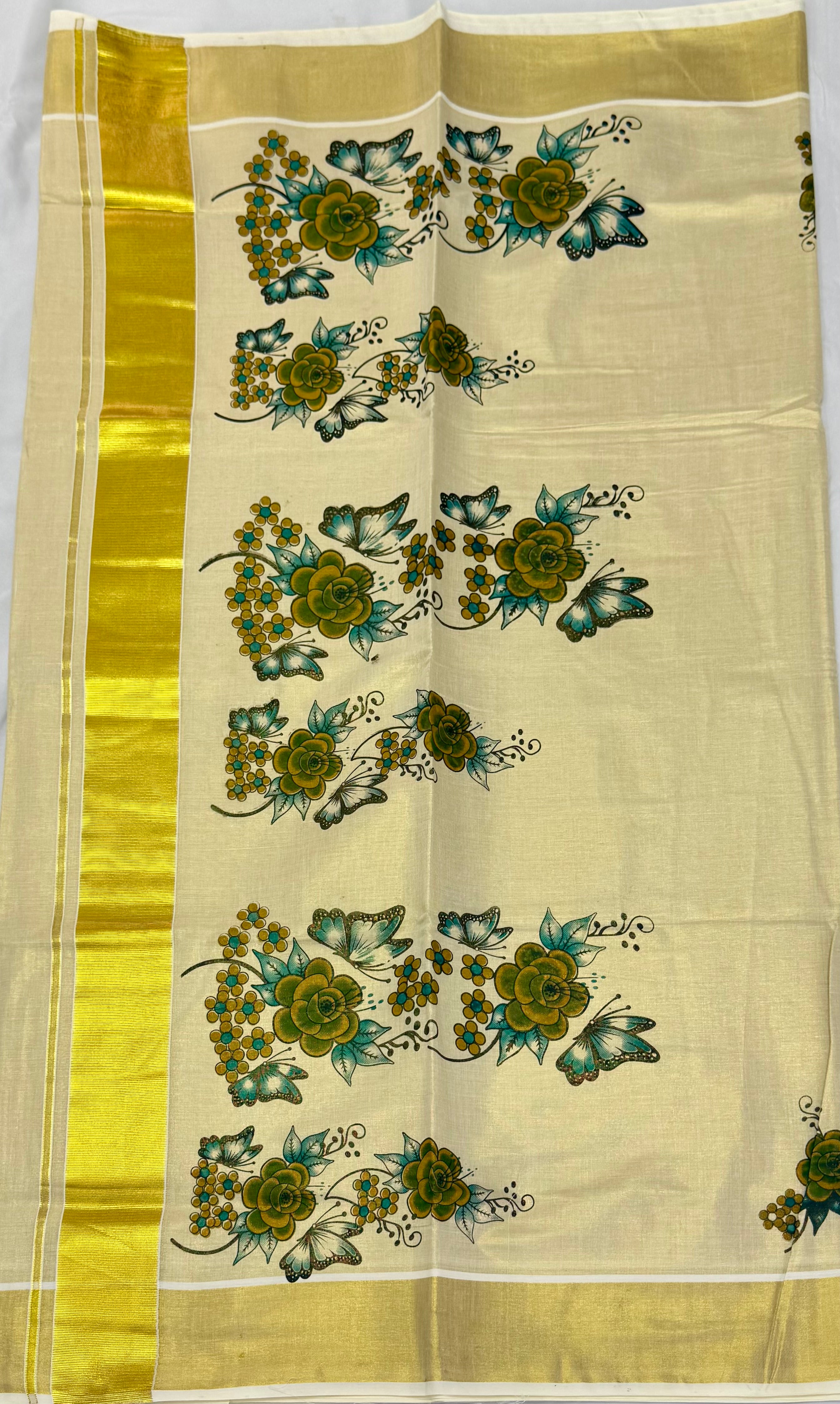 MURAL ART KASAVU TISSUE KERALA SAREE (GOLD,CREAM)