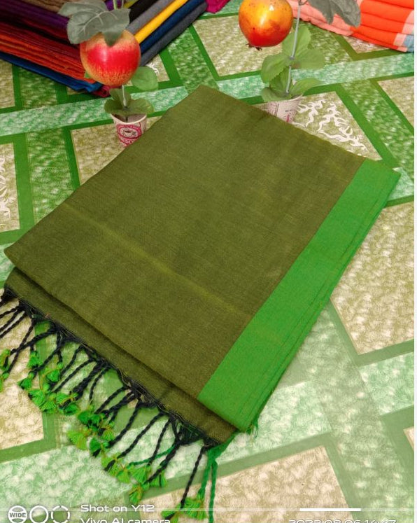 PLAIN SOFT KHADI COTTON SAREE - ARMY GREEN