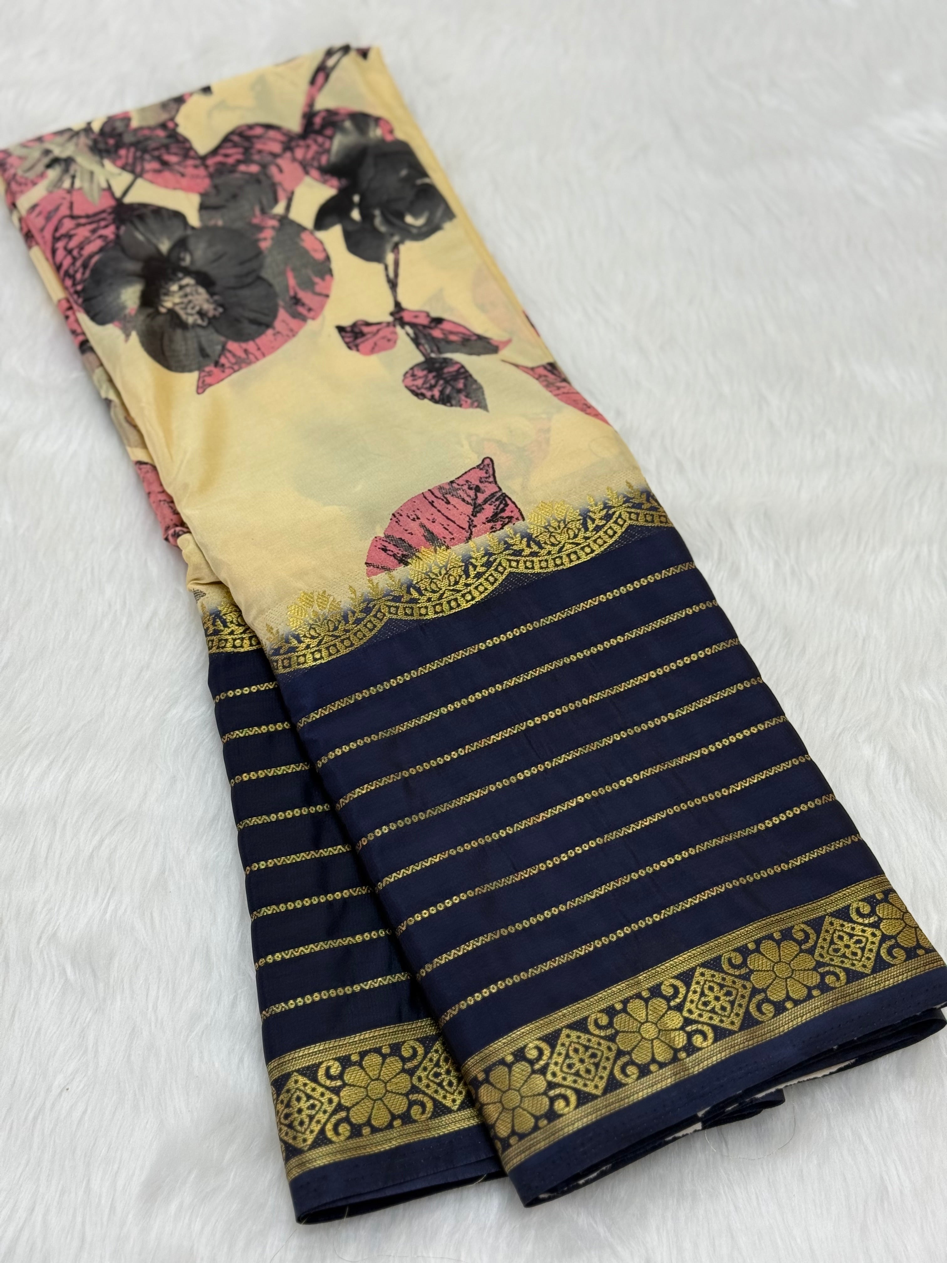 KALAMKARI PURE QUALITY MYSORE SILK SAREE - NAVY BLUE