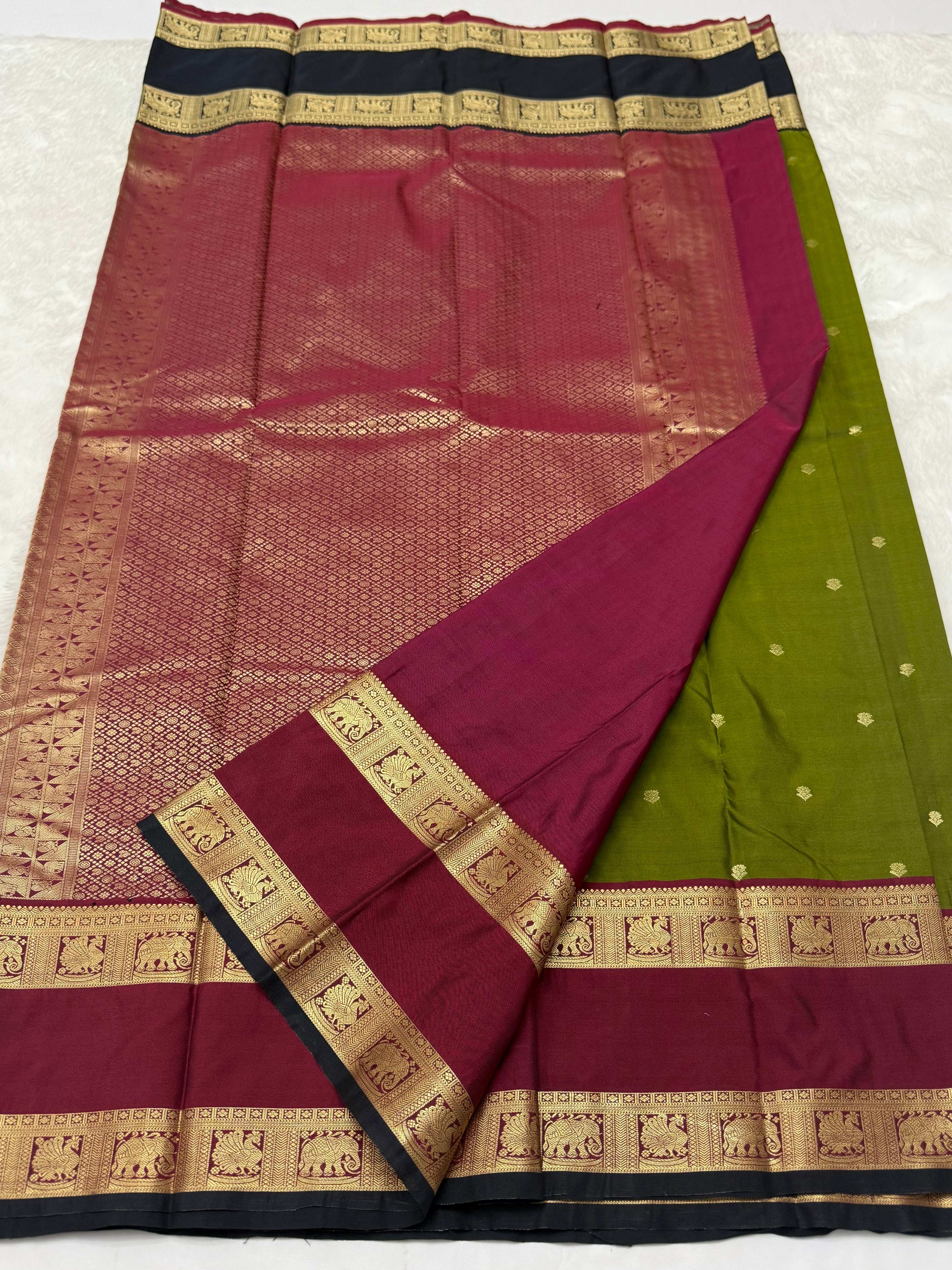PREMIUM SEMI KANCHI SILK SAREE - DEEP OLIVE GREEN