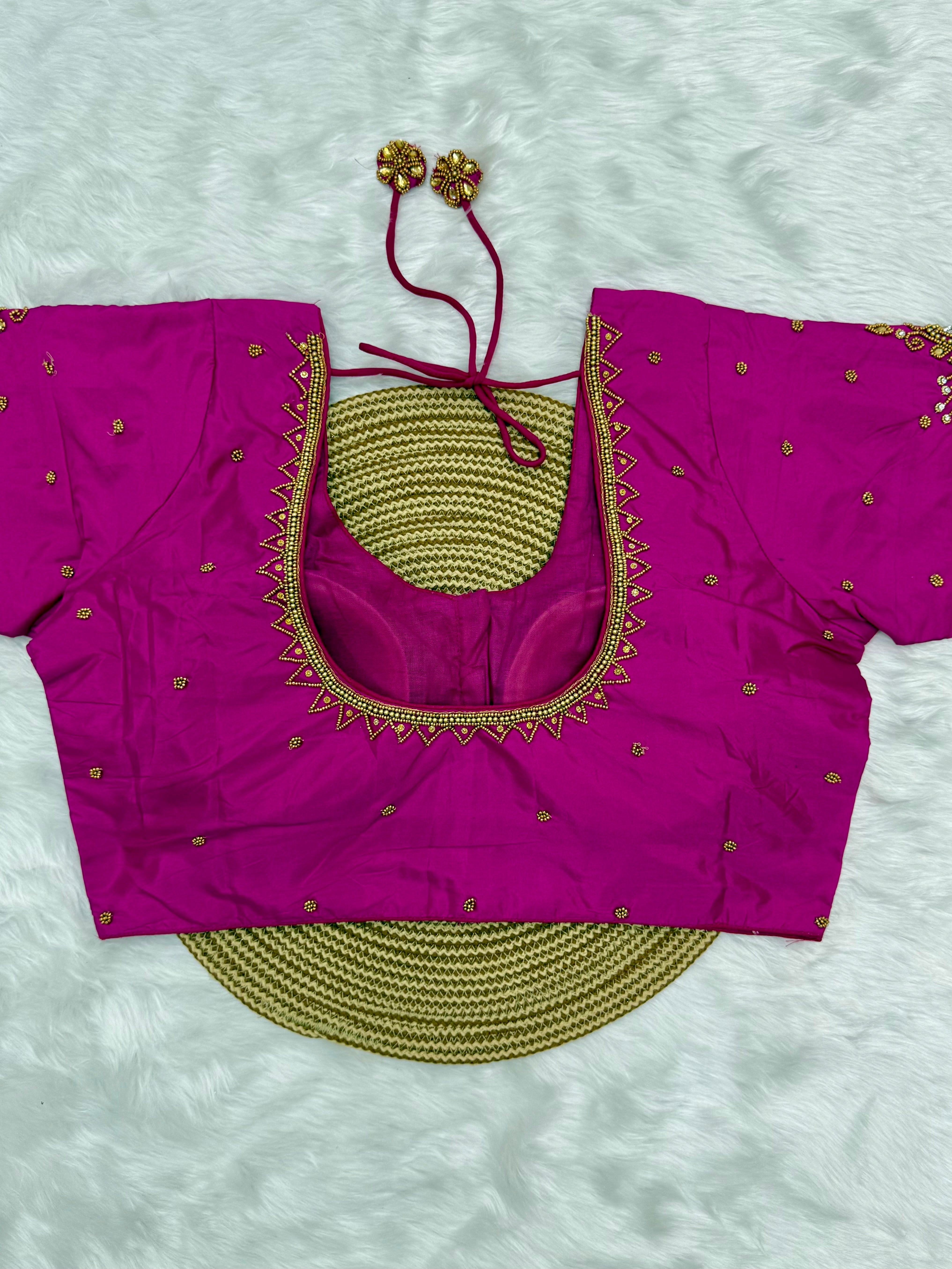 BRIDAL AARI WORK READY TO WEAR SAREE BLOUSE - RANI PINK