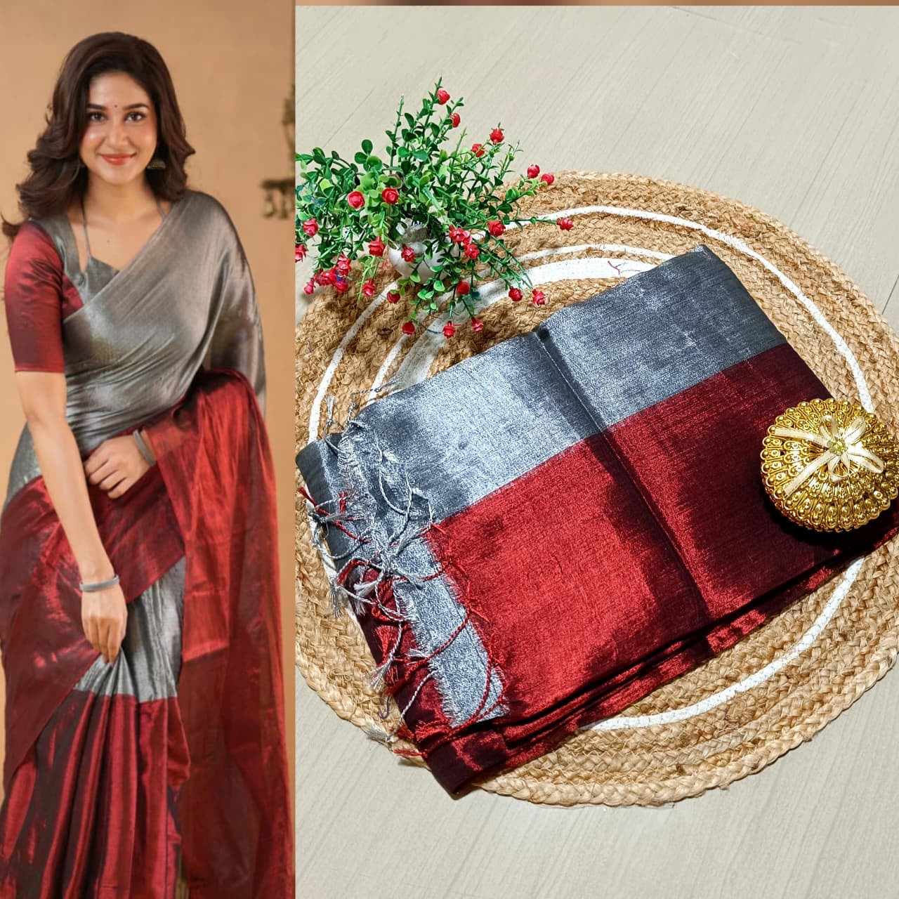 RAGA TISSUE HALF AND HALF SOFT SILK SAREE - MAROON &GREY