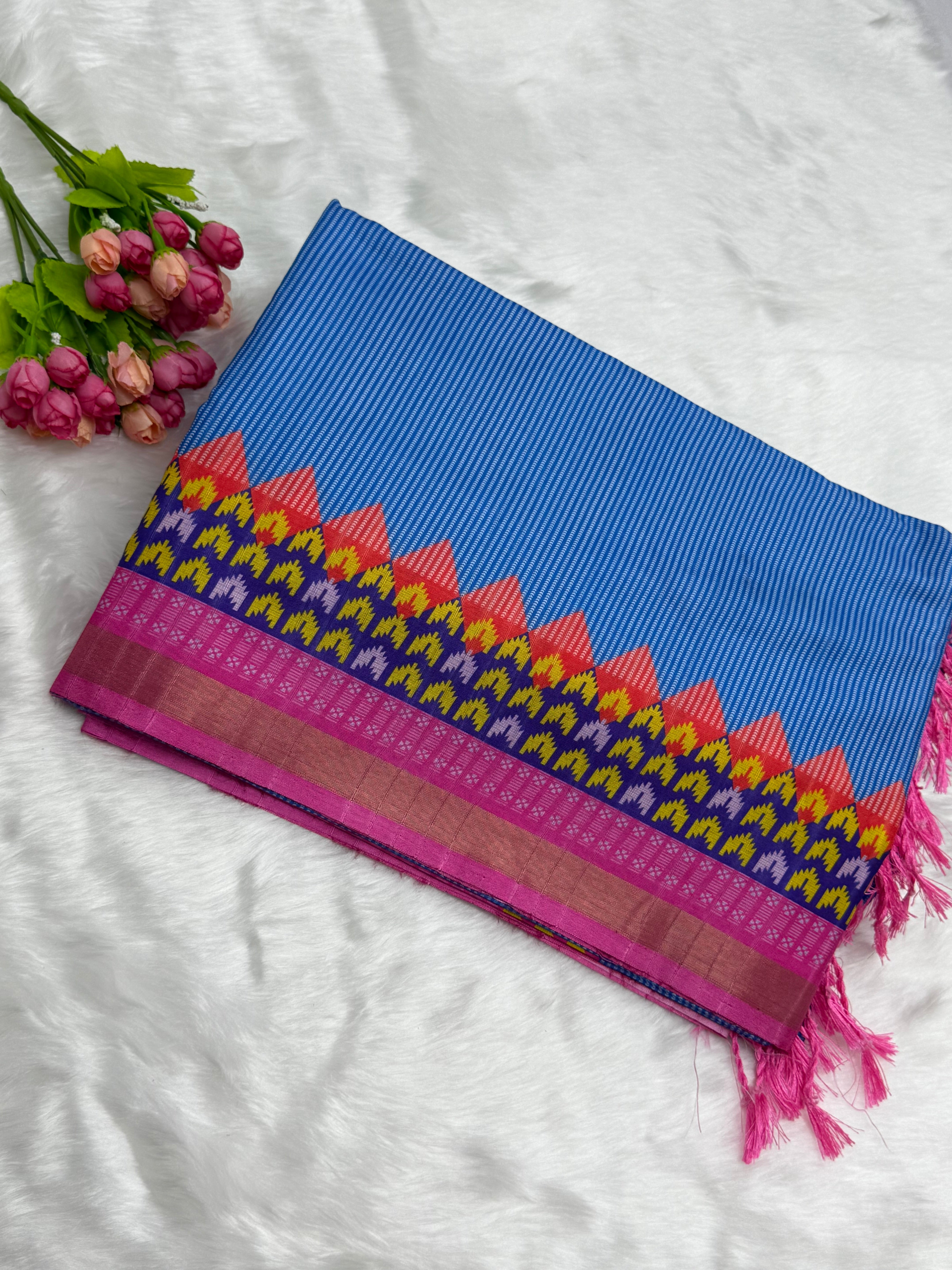 TRADITIONAL DOLLA SAREE  WITH CONTRAST IKAT BORDER - BLUE