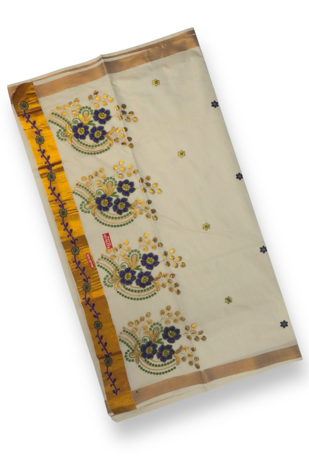 KASAVU COTTON FLORAL EMBROIDERY SAREE (BEIGE,GOLD)