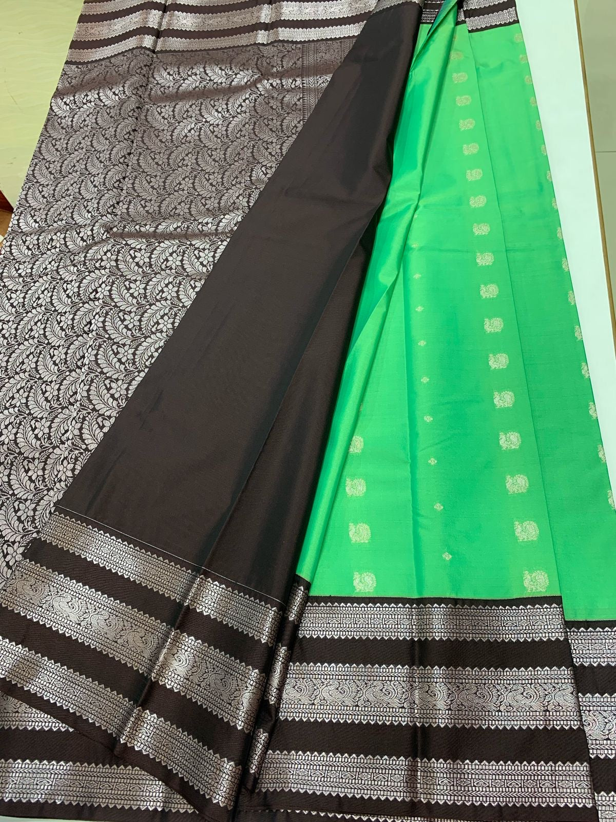 SEMI KANCHI SILK SAREE - SEAFOAM GREEN & BROWN