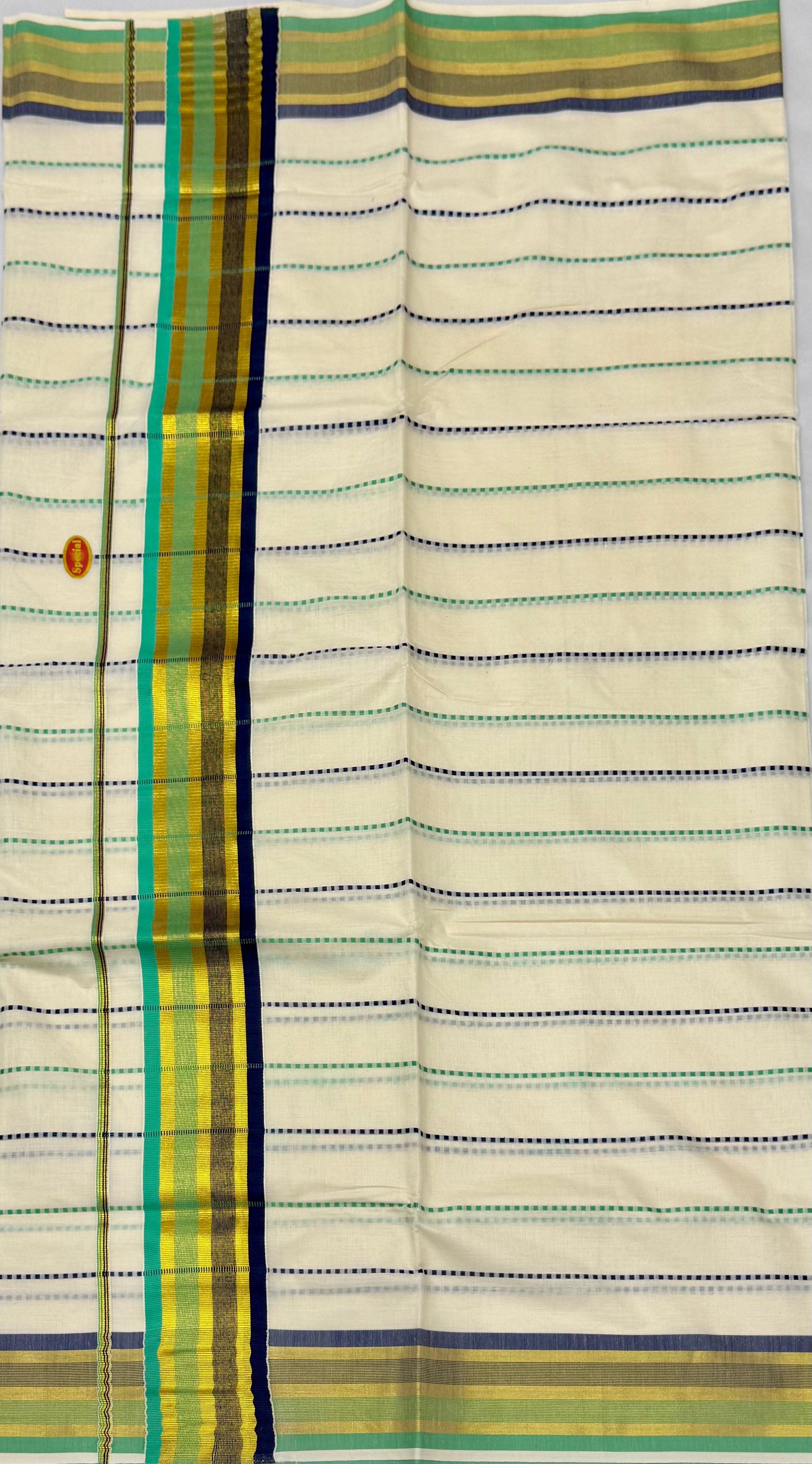 MULTICOLOUR DOTTED STRIPES KASAVU COTTTON SAREE
