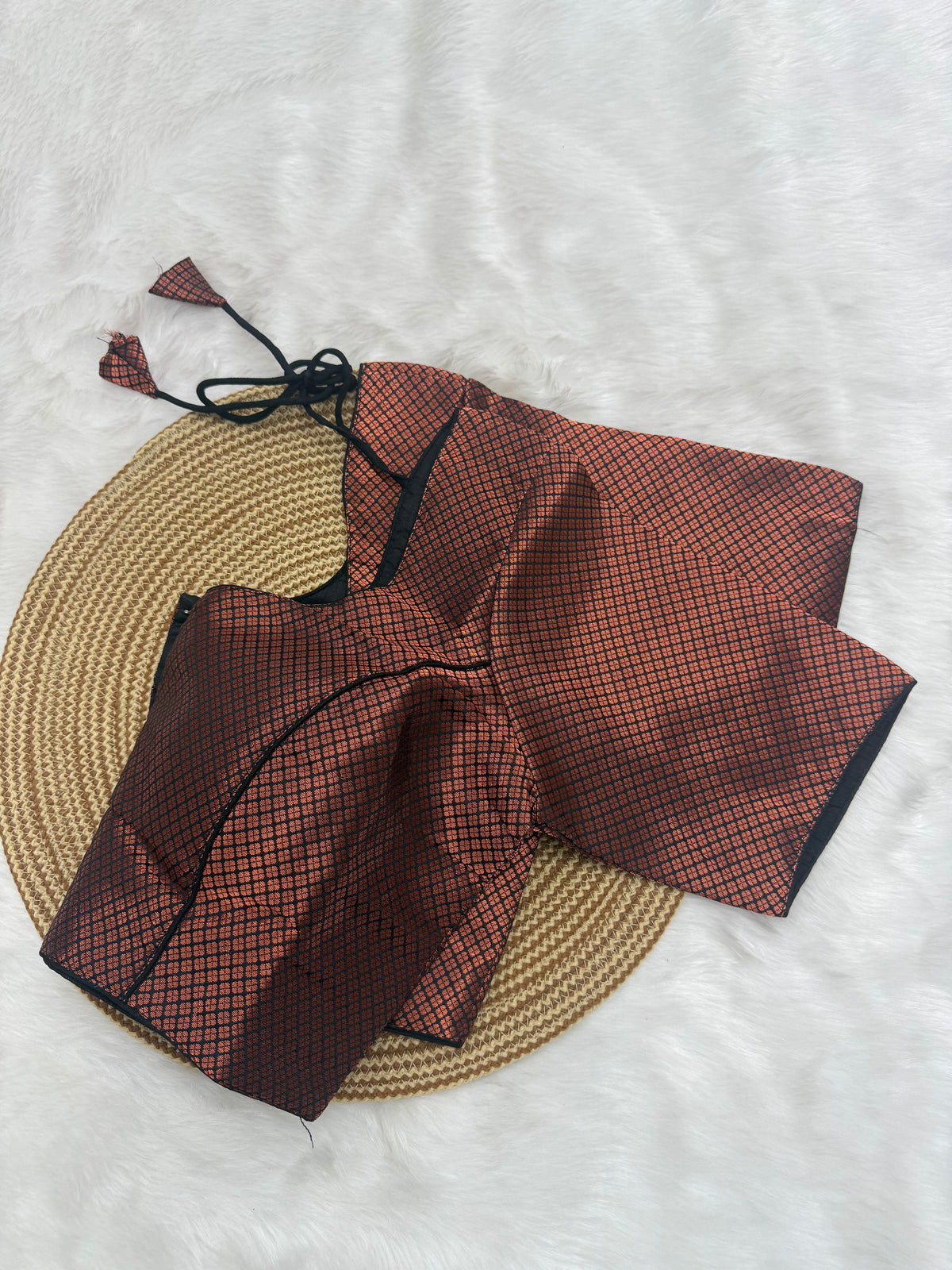 DESIGNER JACQUARD READY TO WEAR SAREE BLOUSE - BLACK & COPPER