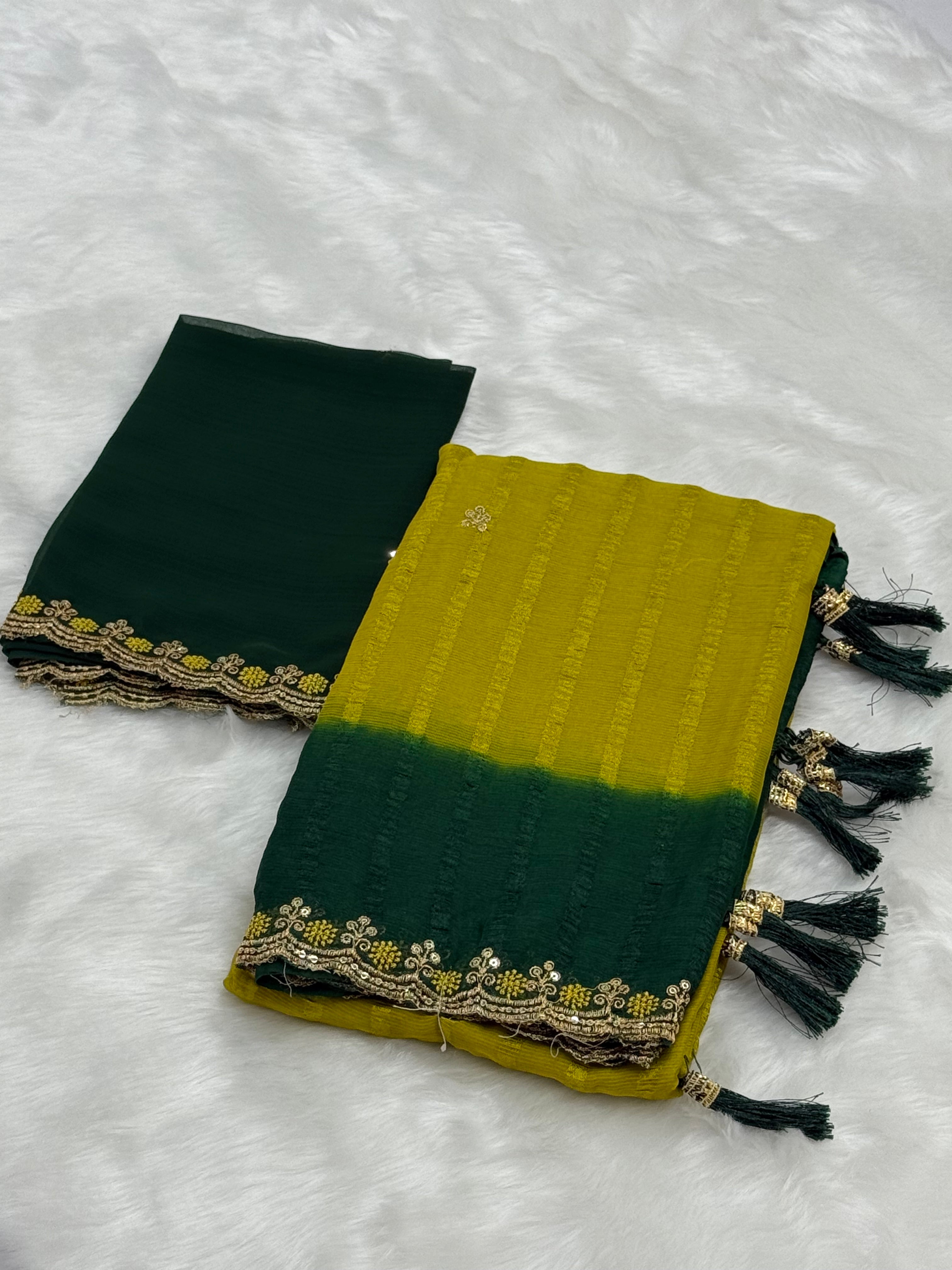 DESIGNER CHIFFON SAREE WITH BLOUSE PIECE - GREEN