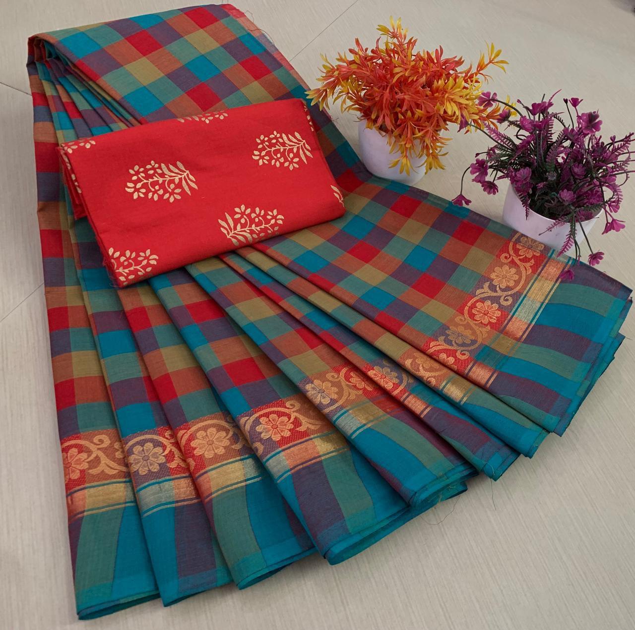 PURE KANCHI HANDLOOM COTTON SAREES WITH KALAMKARI BLOUSE