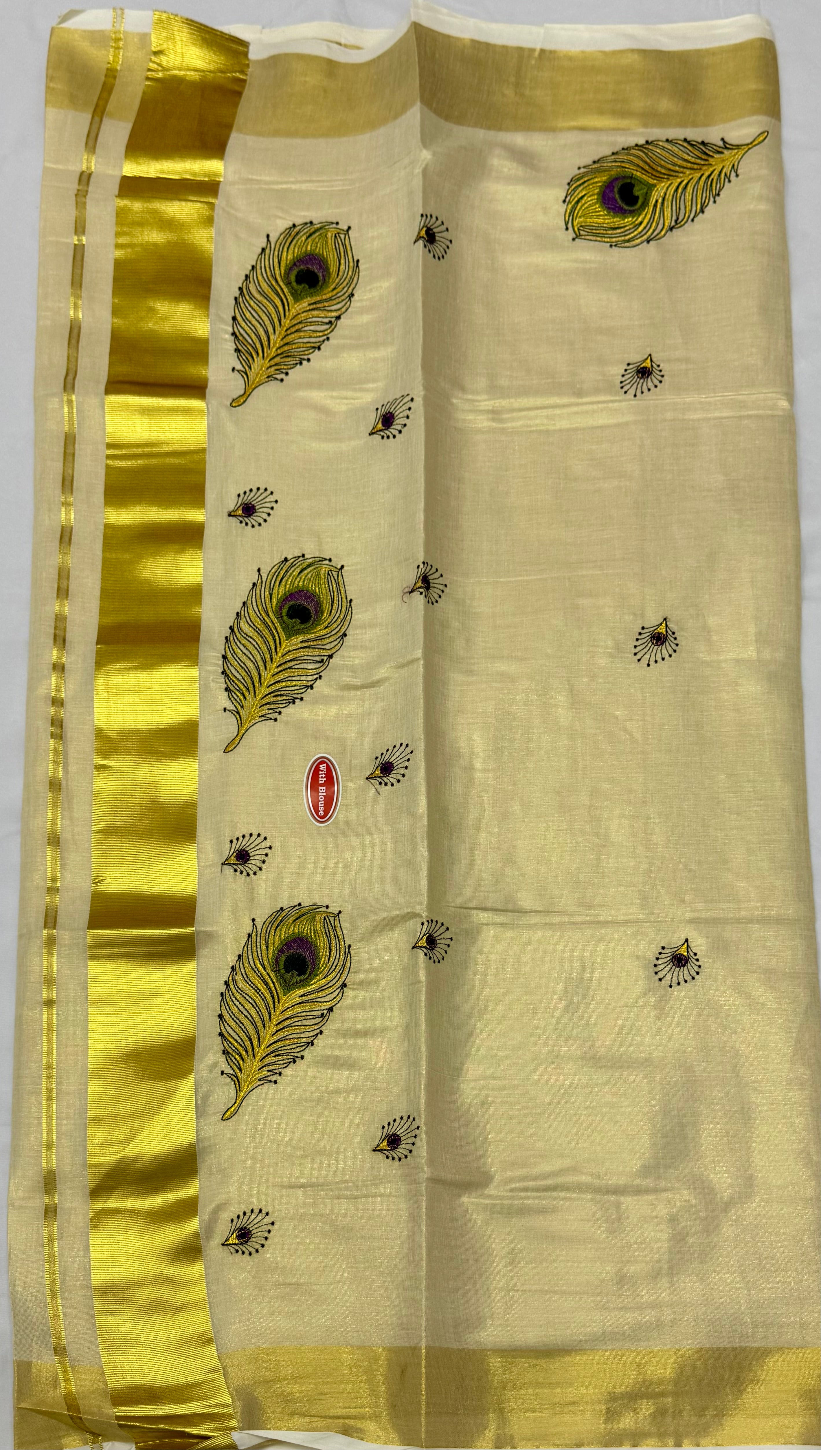 KERALA KASAVU TISSUE SILK EMBROIDERY  SAREE - (GOLD,CREAM)