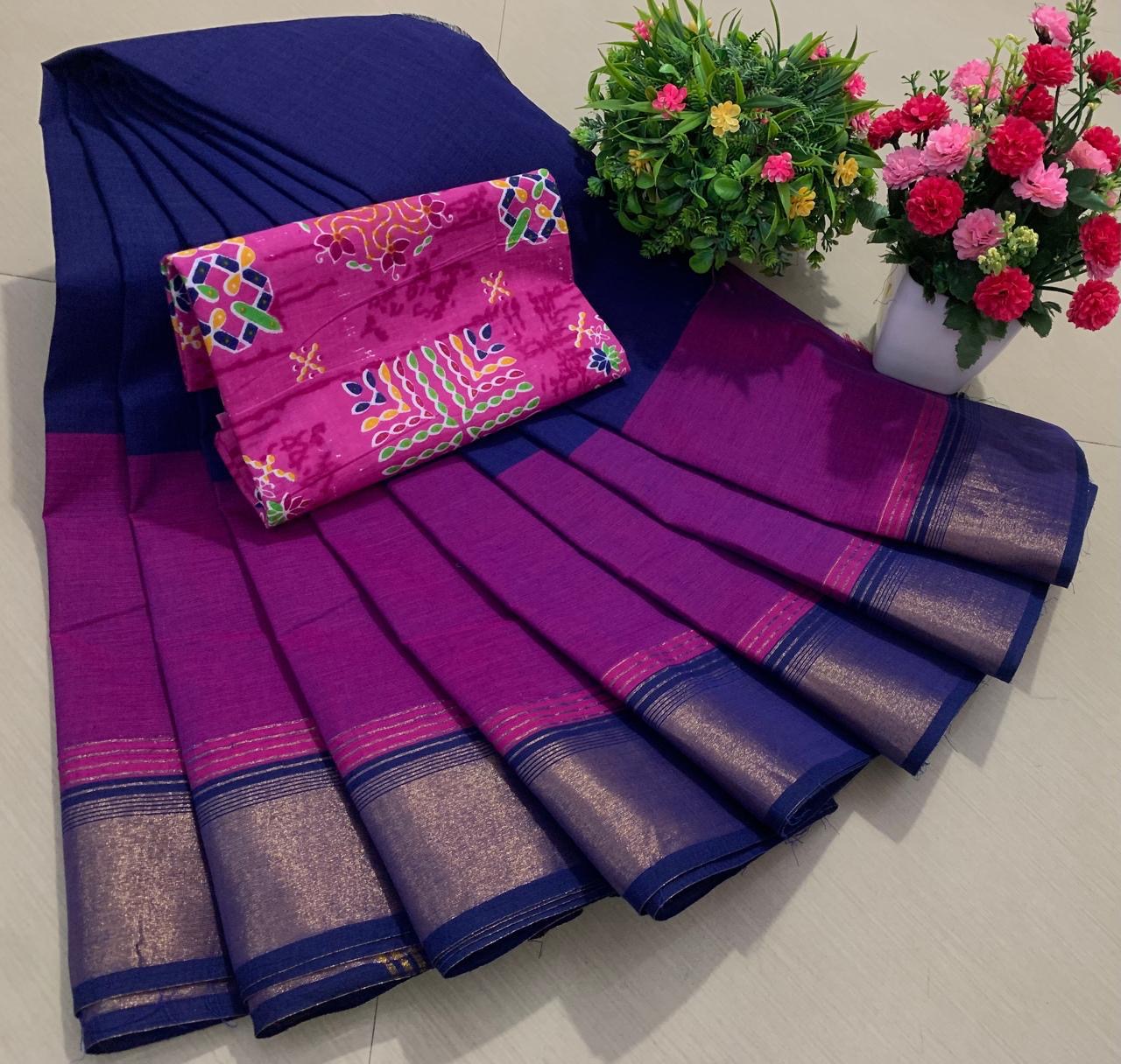 PURE KANCHI HANDLOOM COTTON SAREES - VIOLET AND BLUE