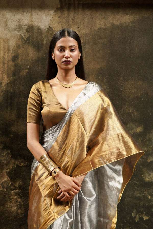 STUNNING GOLDEN TISSUE SAREE - SILVER