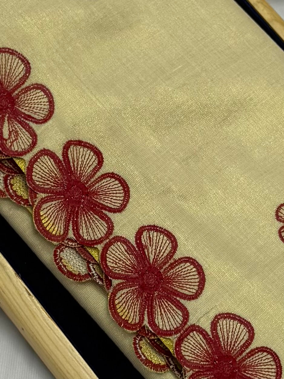 EMBROIDERED LACE WORK KASAVU TISSUE SAREE - (MAROON,CREAM,GOLD)