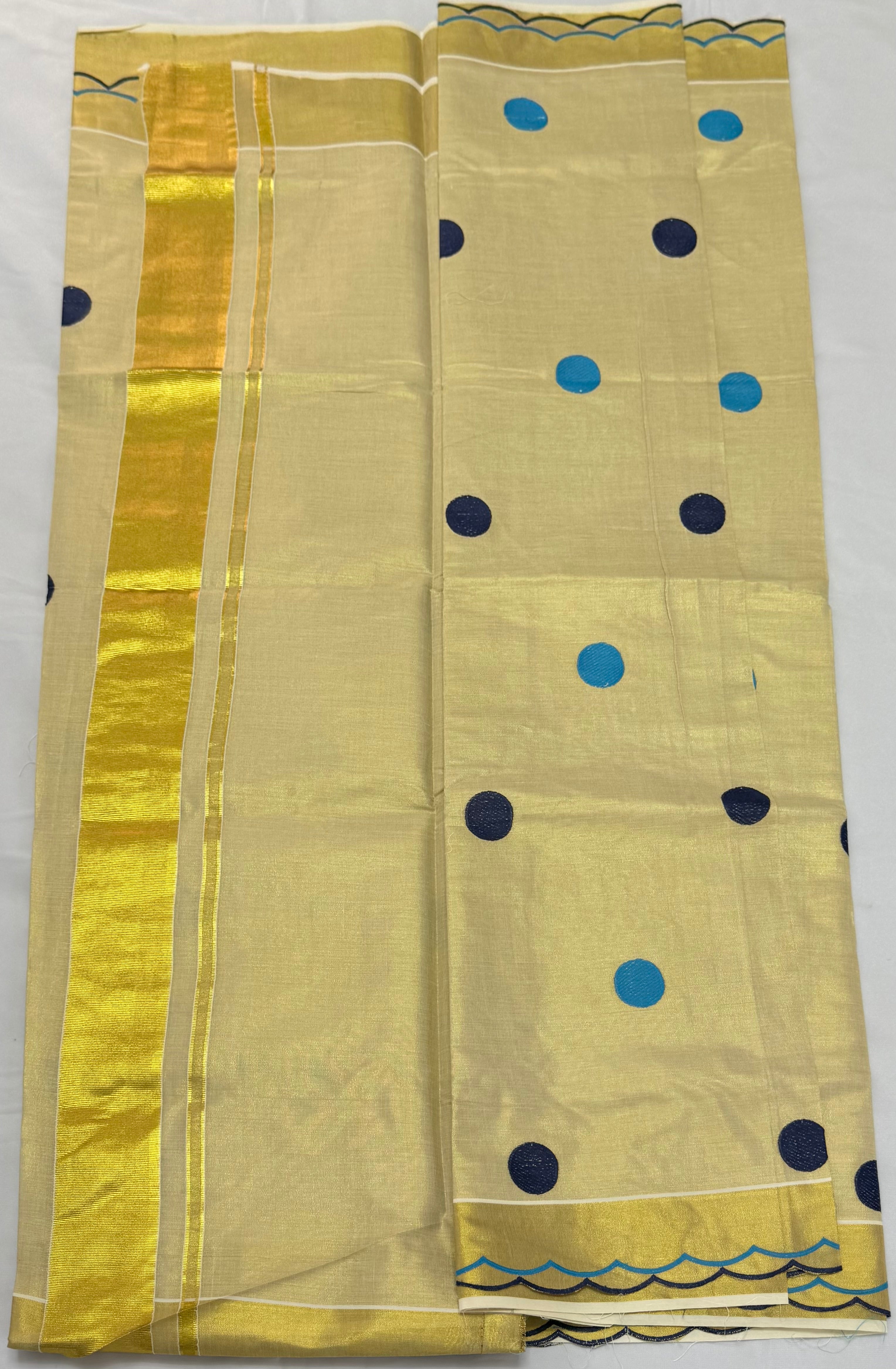 EMBROIDERED LACE WORK KASAVU TISSUE SAREE - (BLUE,CREAM,GOLD)