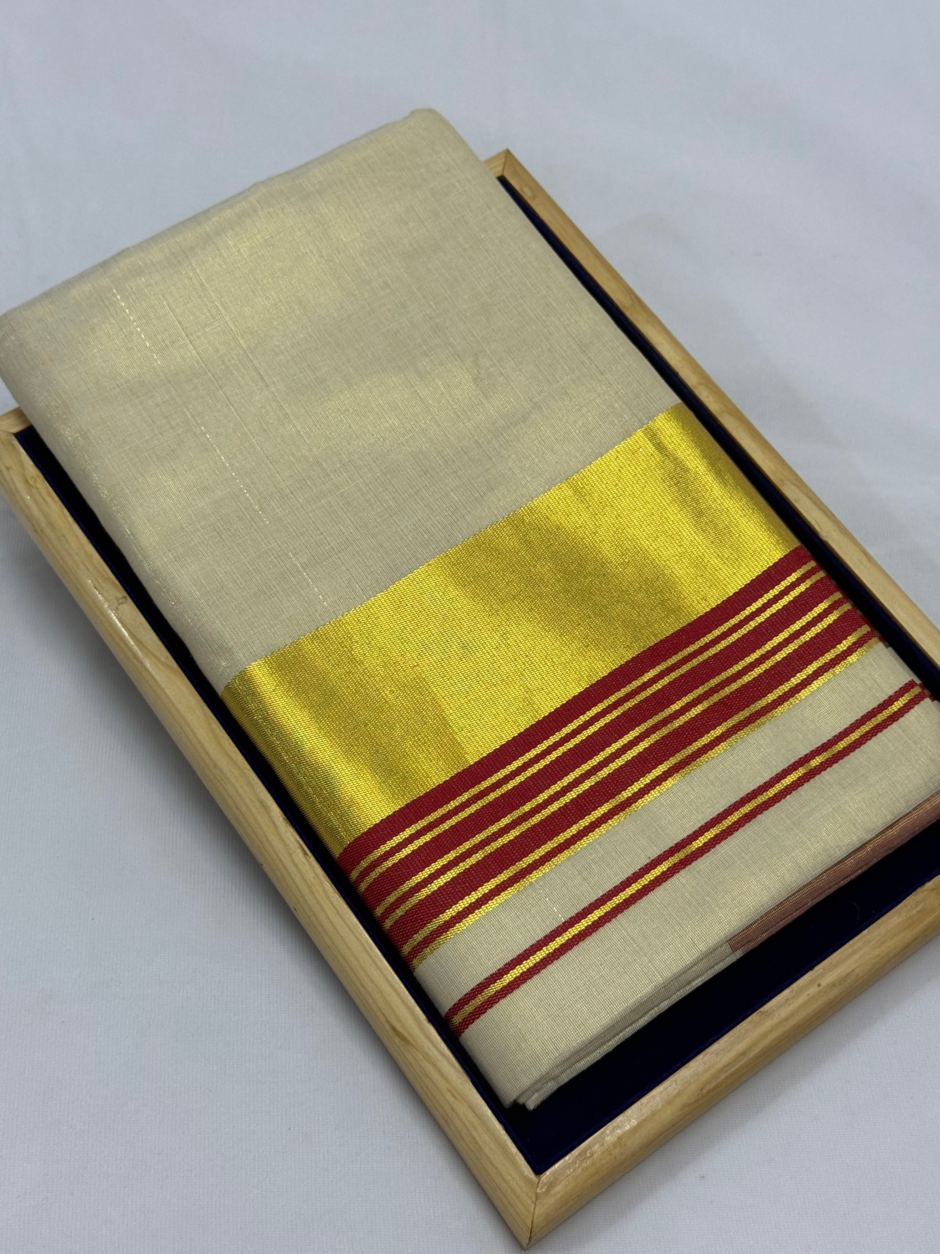 PREMIUM KERALA KASAVU TISSUE STRIPES SAREE - (CREAM,GOLD,RED)
