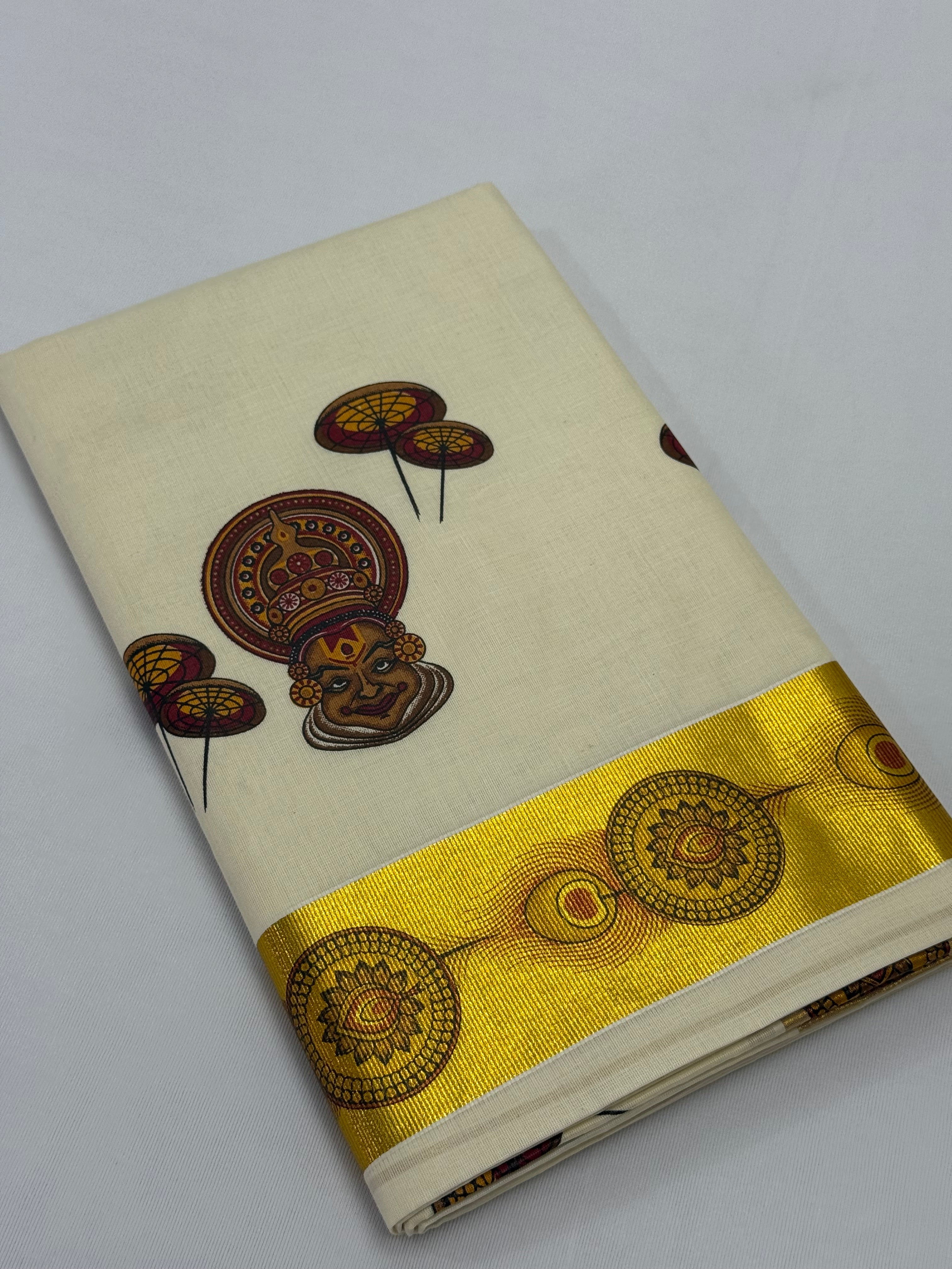 MURAL PAINTED/PRINTED KASAVU COTTON SAREE (GOLD)