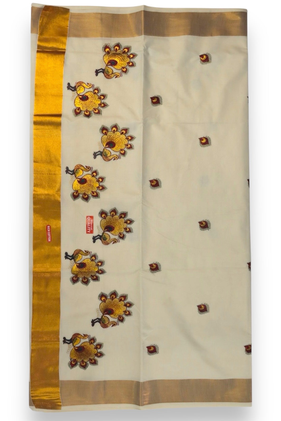 KERALA FANCY PEACOCK EMBROIDERY SAREE (GOLD,BEIGE)