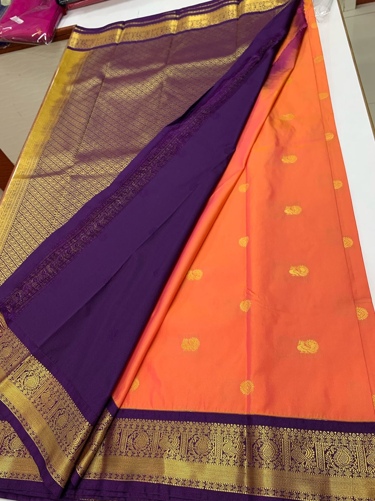 SEMI KANCHI SILK SAREE - PEACHY & PURPLE