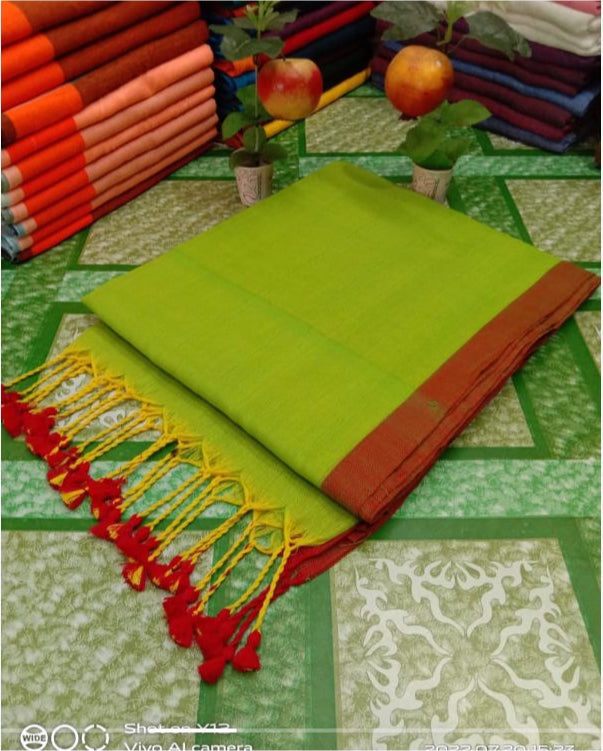 PLAIN SOFT KHADI COTTON SAREE - YELLOW GREEN