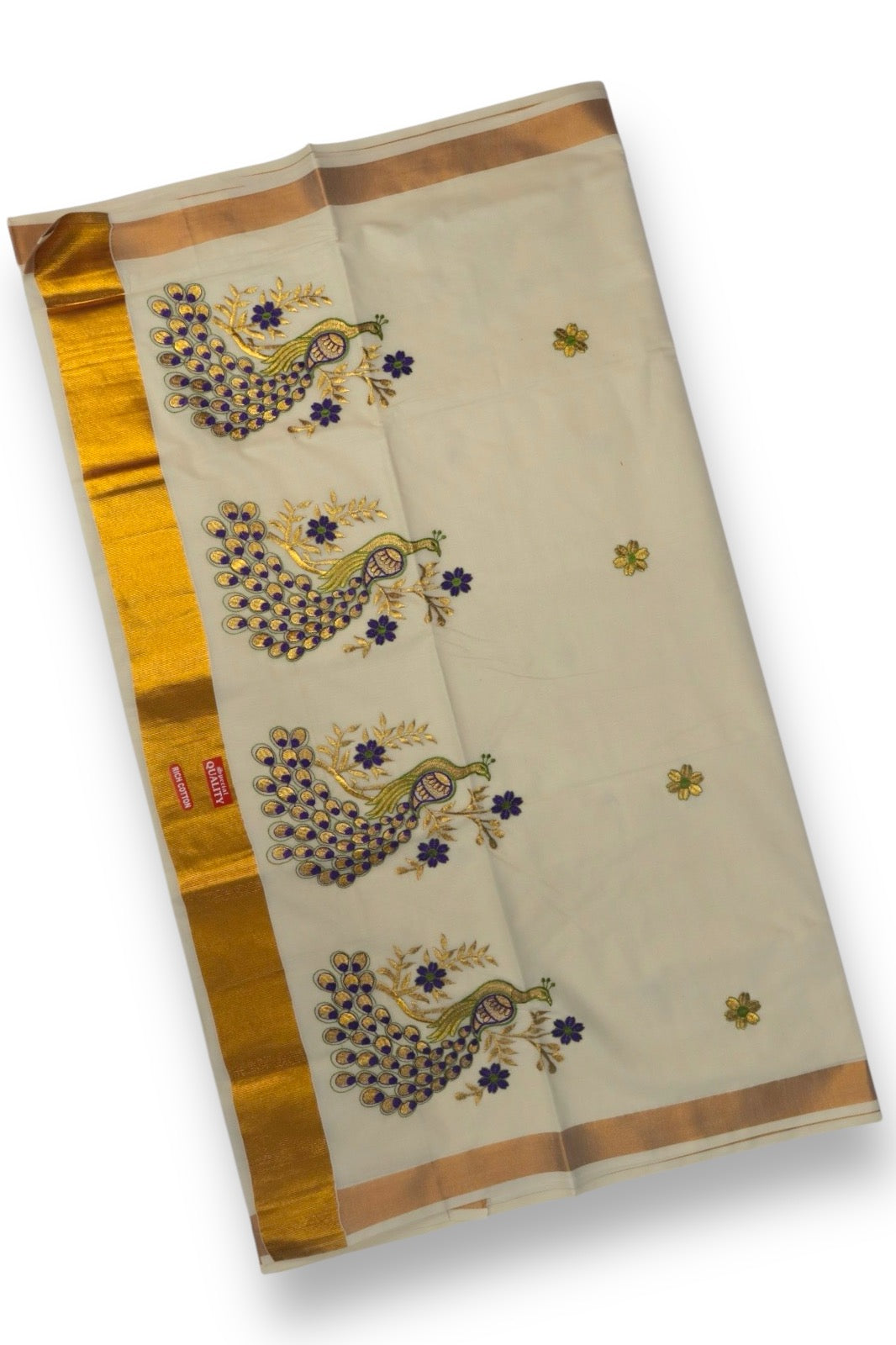 KERALA FANCY PEACOCK EMBROIDERY SAREE (GOLD,BEIGE)