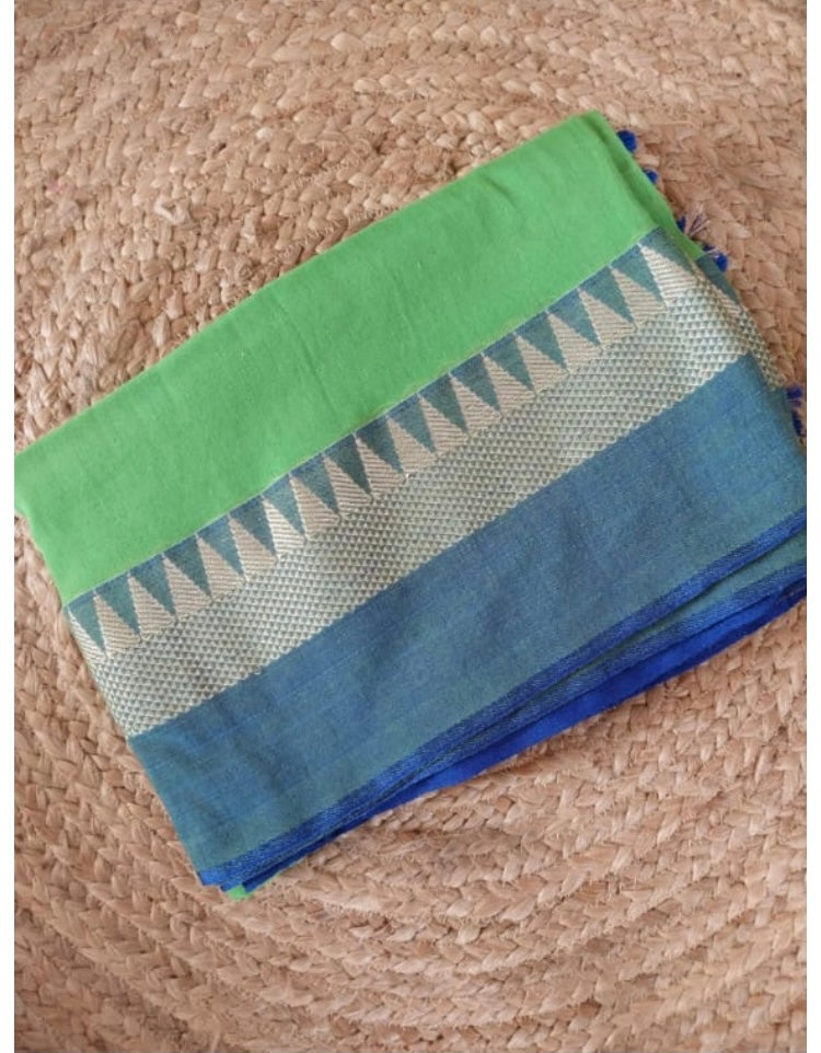 SOFT KHADI SAREE,TEMPLE BORDER- GREEN