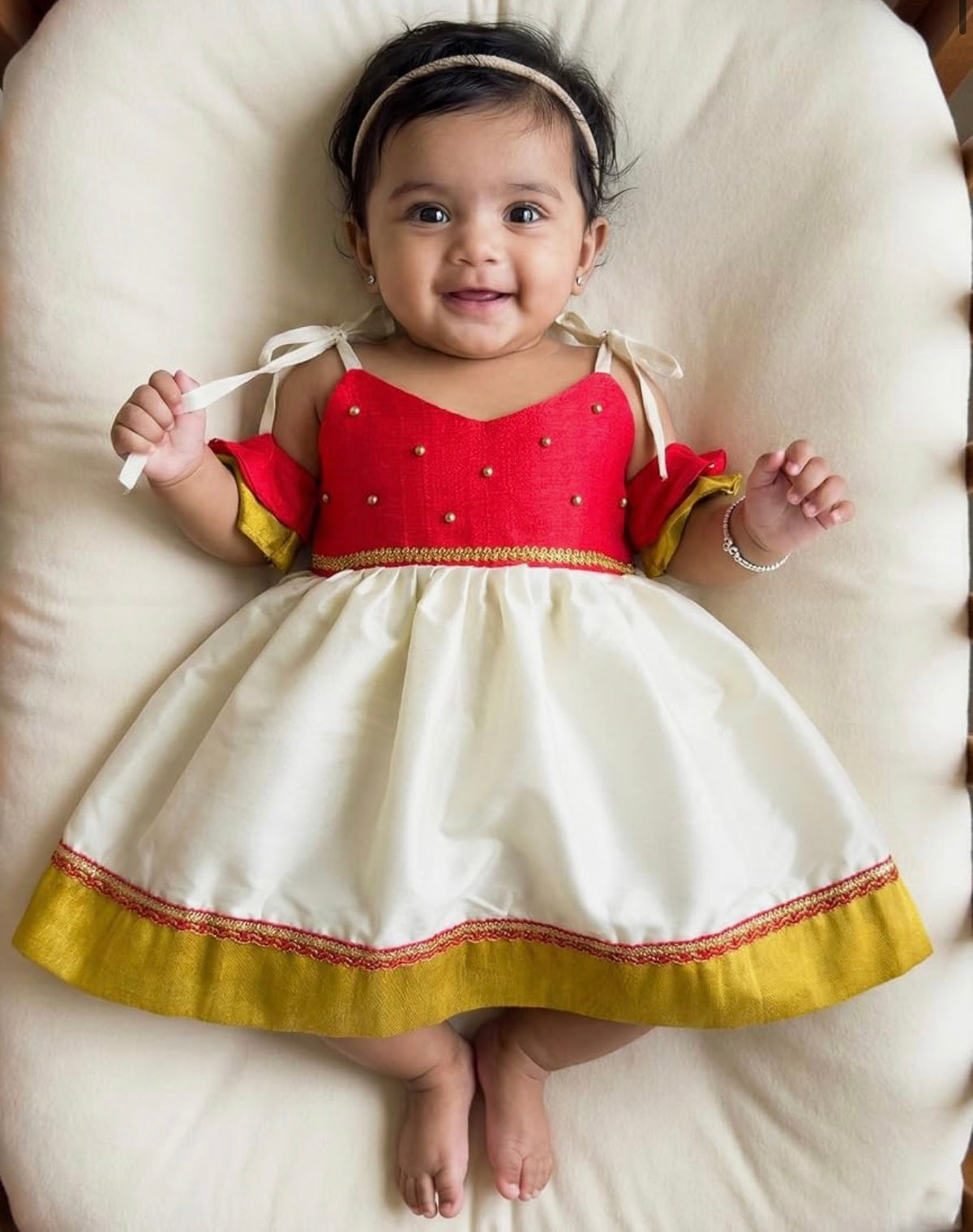 BABY GIRL STYLISH BANARASI SILK FROCK WITH MATCHING BOW - RED