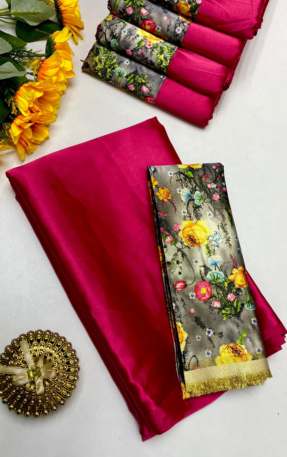 PLAIN SATIN SILK SAREE WITH DIGITAL PRINTED BLOUSE - PINK
