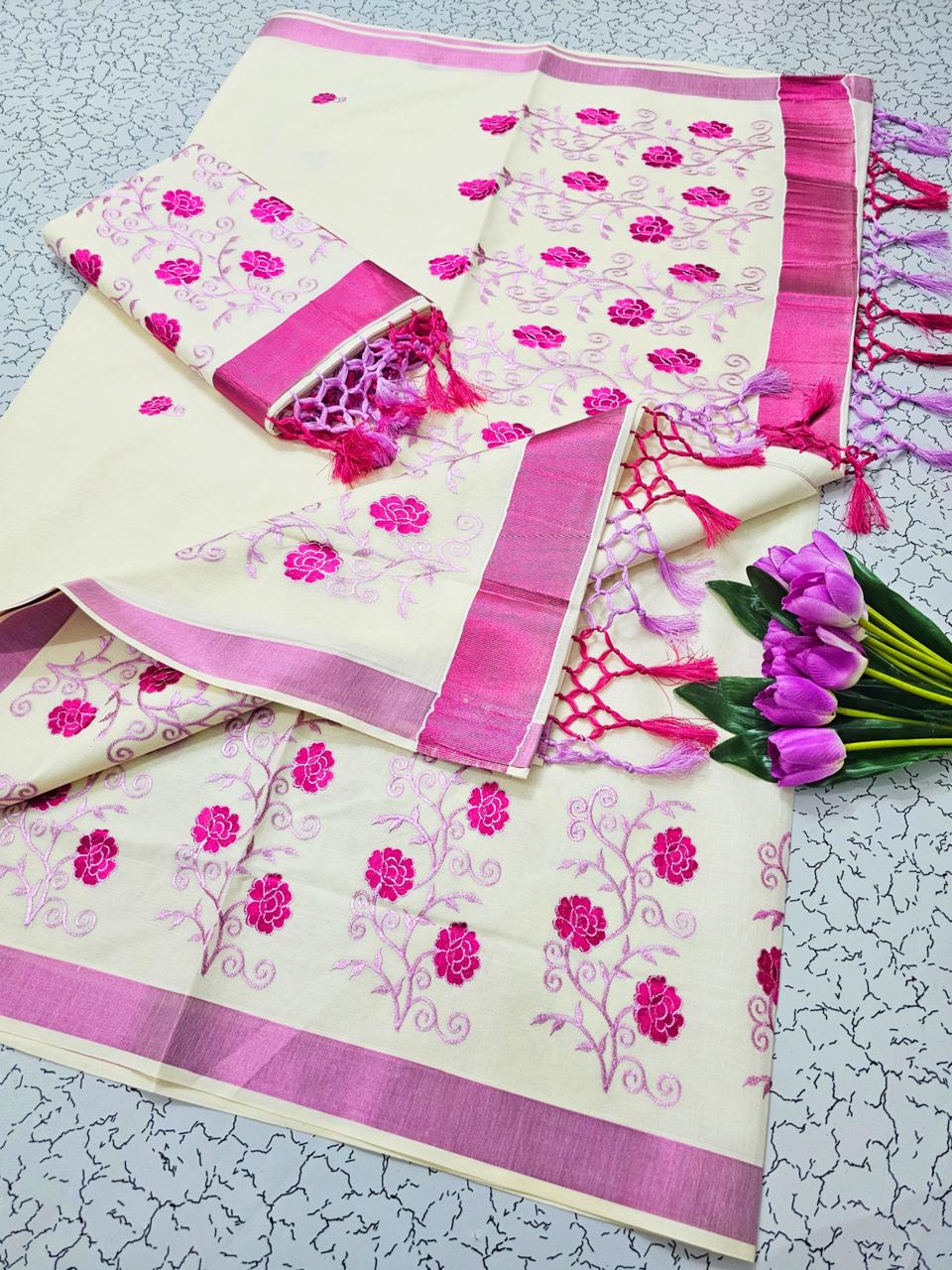 KERALA KASAVU EMBROIDERY COTTON SAREE (COPPER,PINK)