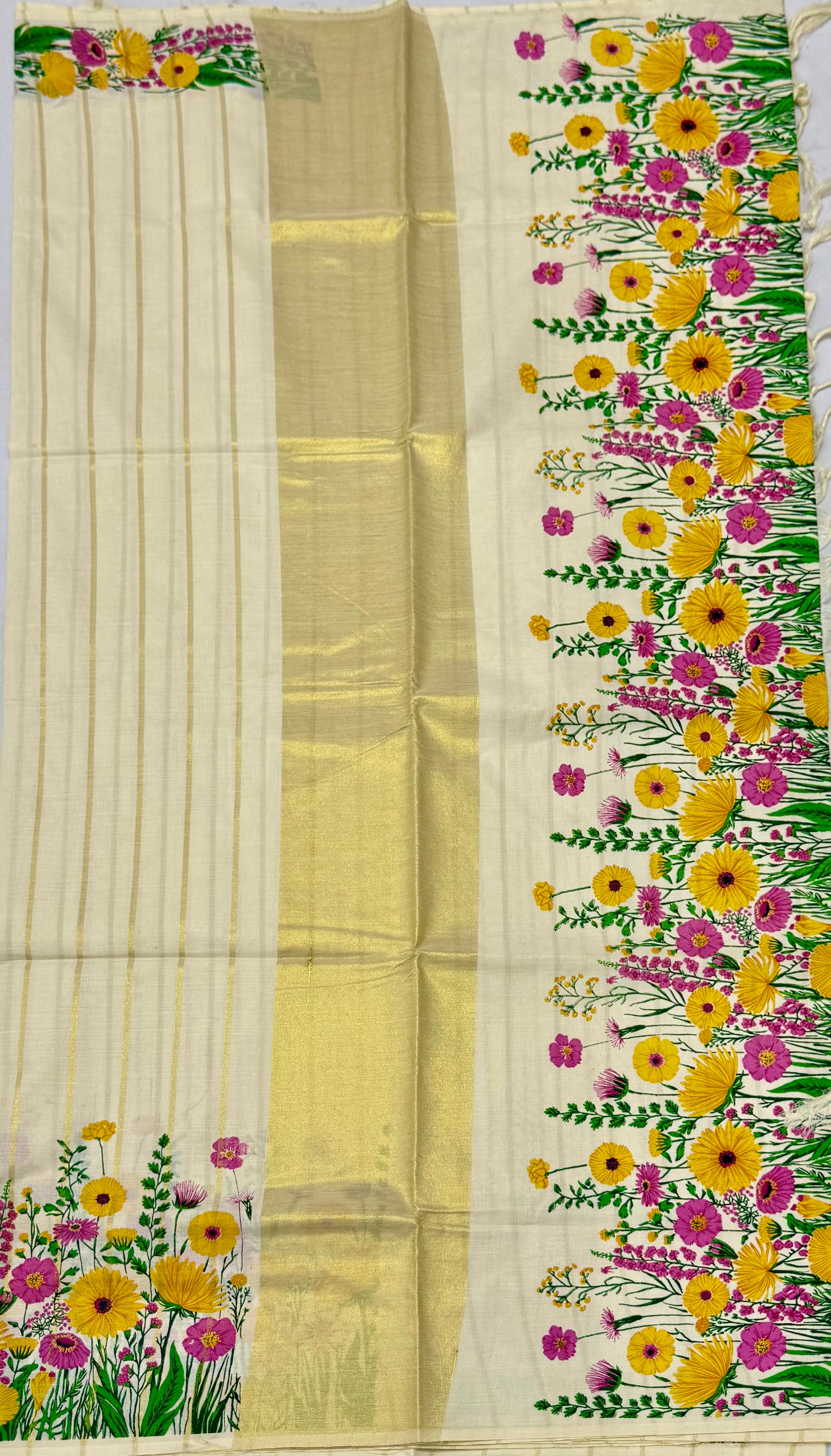 TRADITIONAL PRINTED KASAVU COTTON SAREE (OFF WHITE,GOLD)