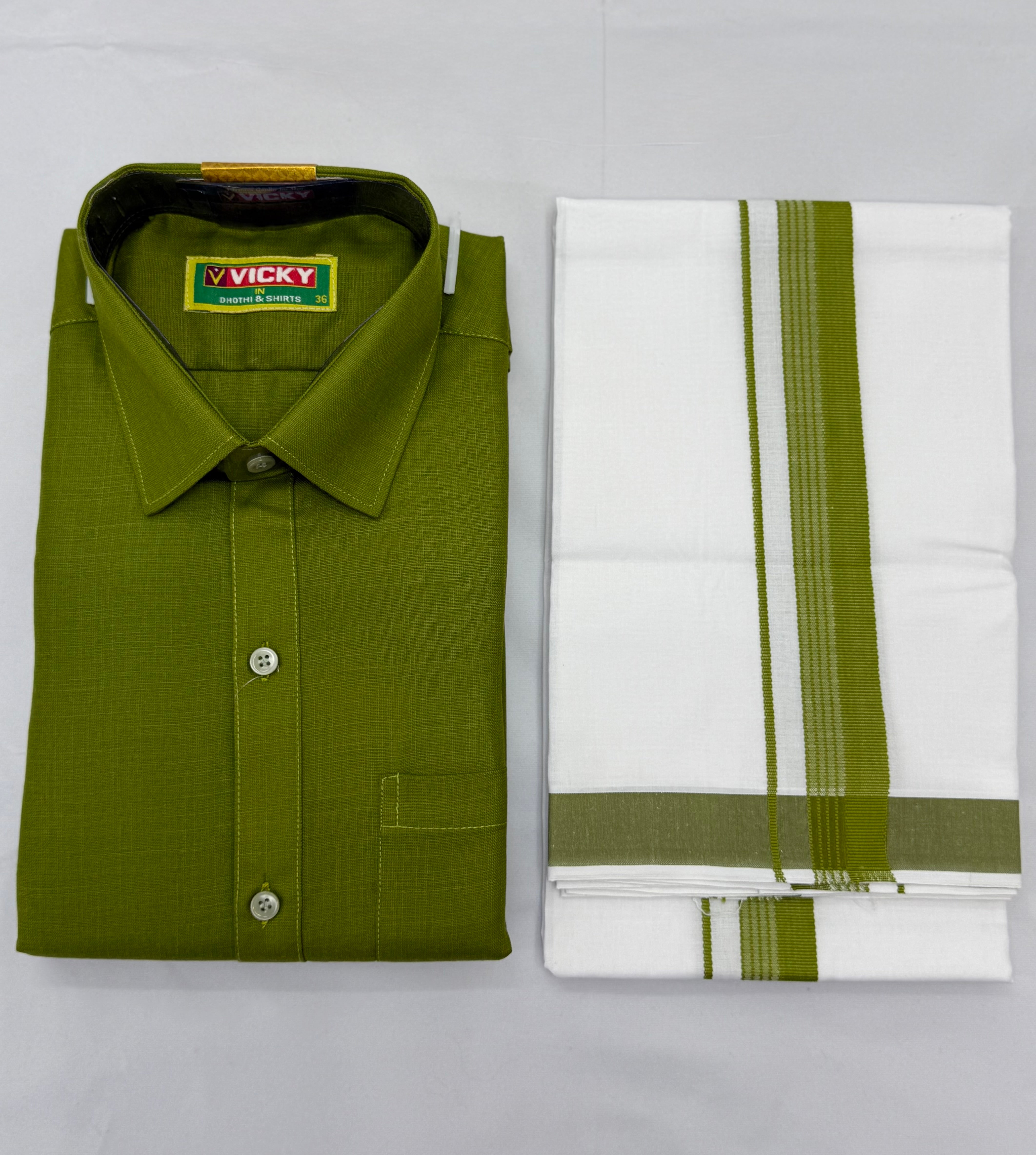 MEN'S MATCHING FANCY BORDER SINGLE DHOTI & SHIRT SET - OLIVE GREEN