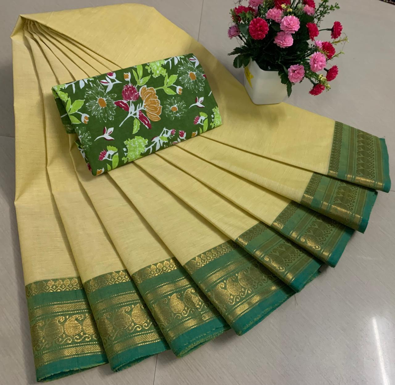 PURE KANCHI HANDLOOM COTTON SAREES - PALE YELLOW