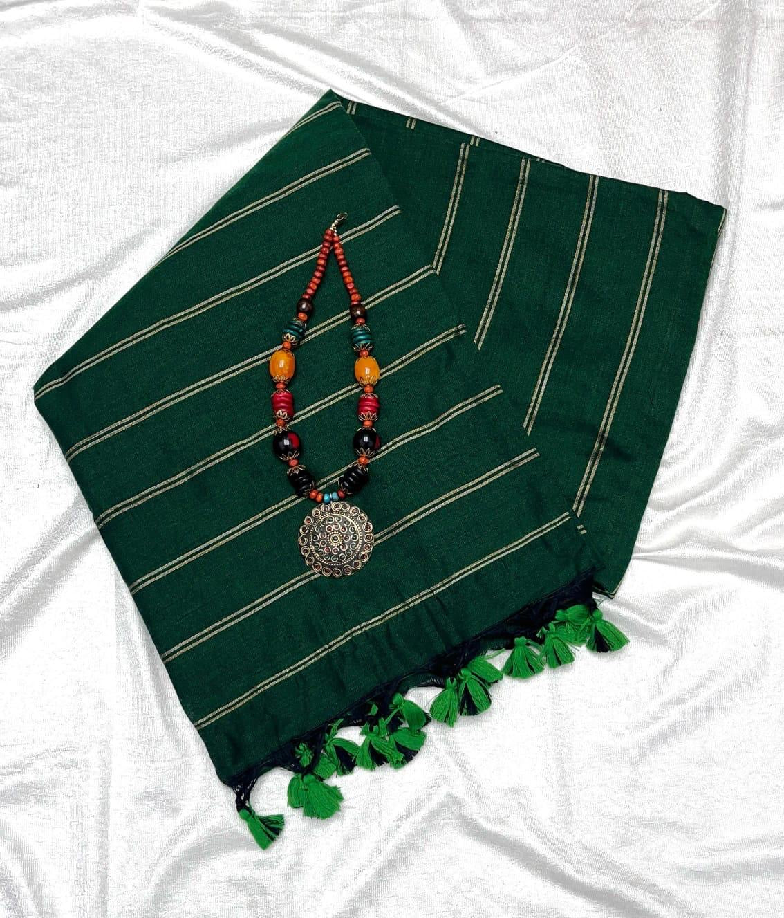 PREMIUM DUAL STRIPE KHADI COTTON SAREES - GREEN