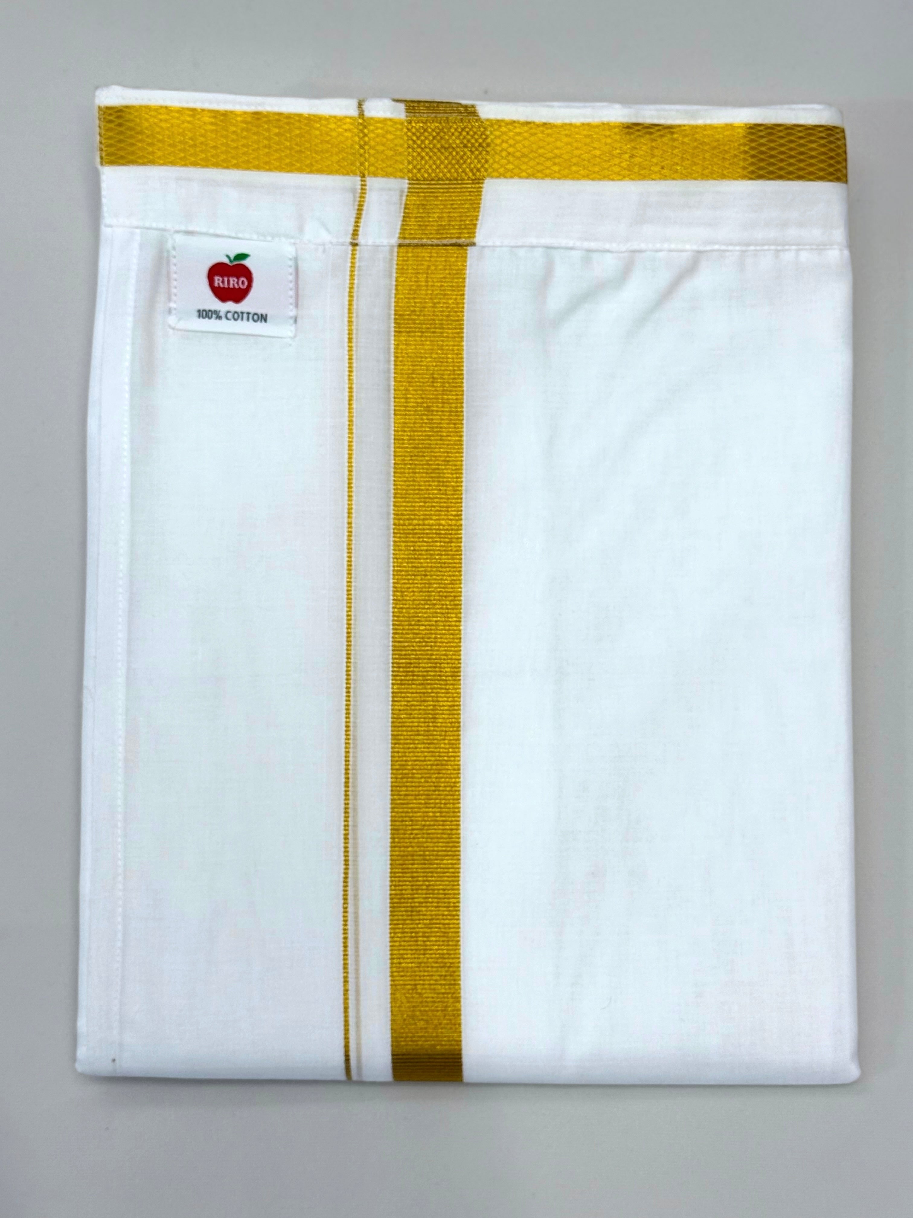 MEN'S DOUBLE DHOTI WHITE COLOUR WITH GOLD ZARI BORDER 1''- VELCRO