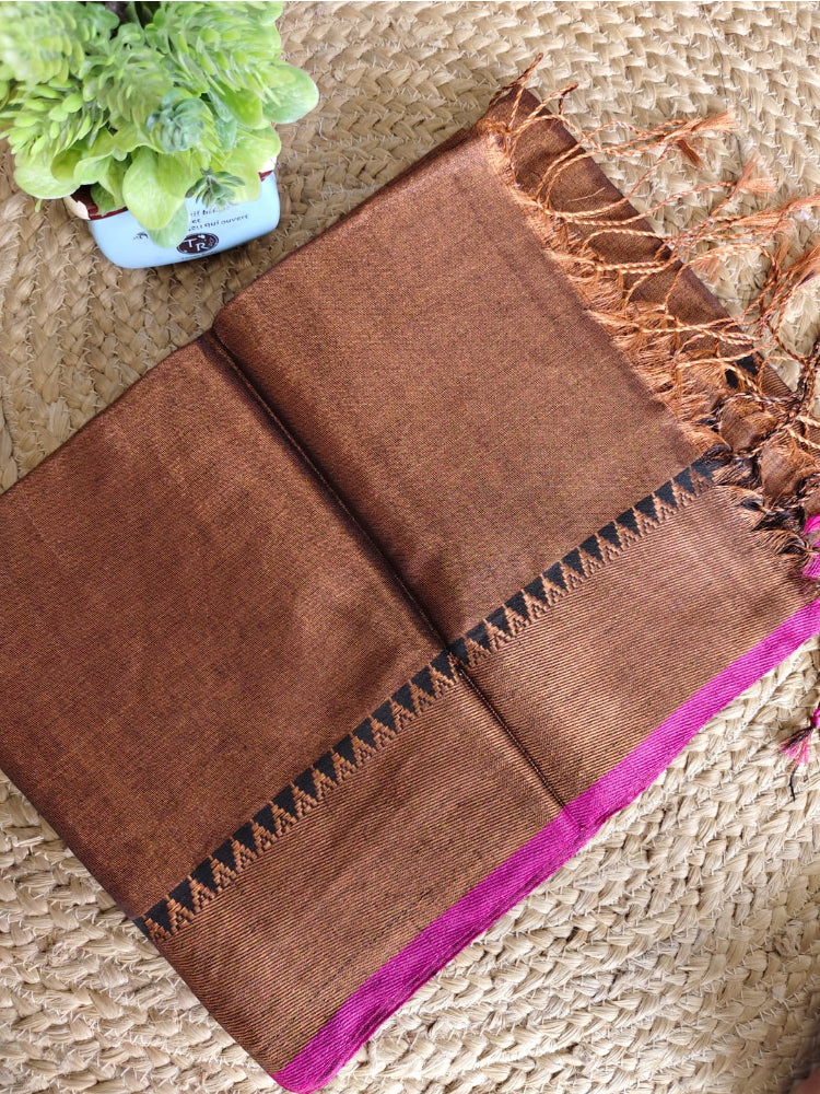 SOFT TISSUE KHADI SAREE WITH TEMPLE BORDER - COPPER