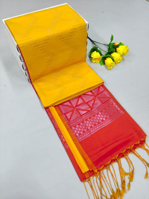 RICH BUTTA WORK EMBOSSED SOFT SILK SAREE -CYBER YELLOW