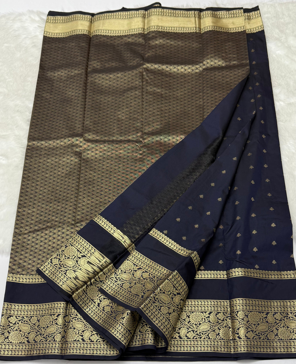 PREMIUM SEMI KANCHI SILK SAREE - DARK BLUE & BLACK