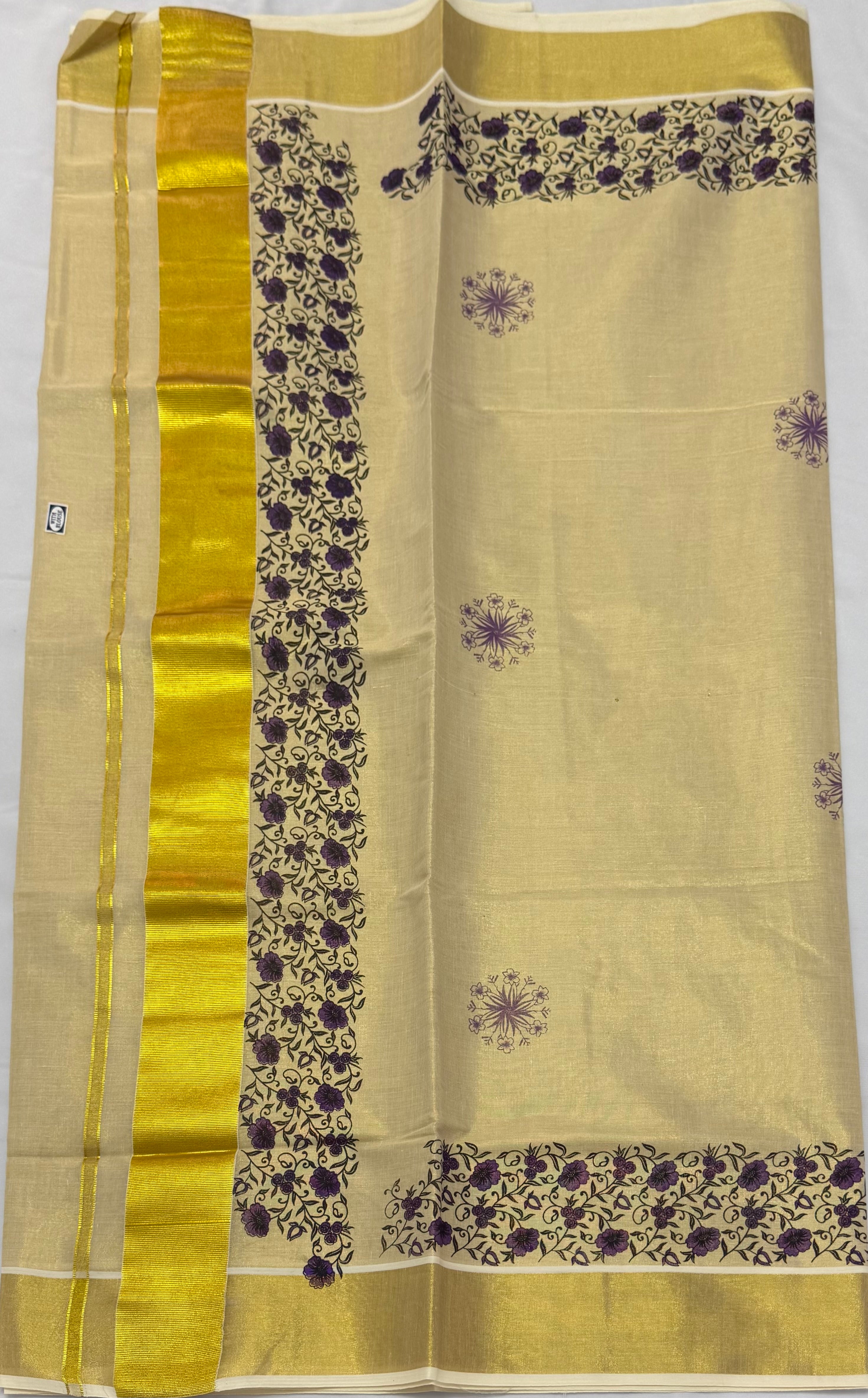 TRADITIONAL TISSUE KASAVU HAND PAINTED SAREE - (GOLD,CREAM)