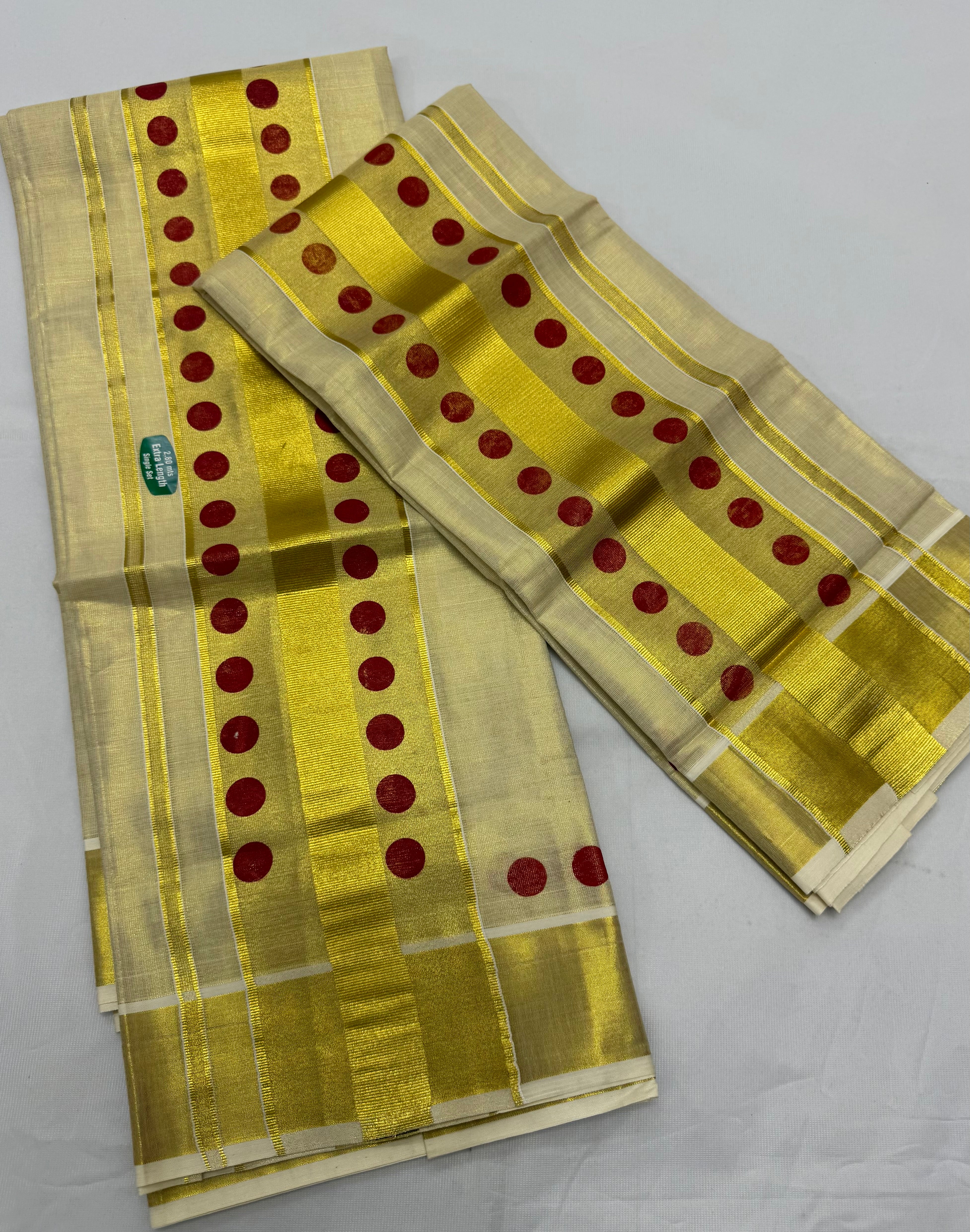 POLKA DOTS TISSUE SINGLE SET MUNDU (MUNDUM NERIYATHUM) - 2 X 2.80 MTRS - (CREAM,GOLD,MAROON)
