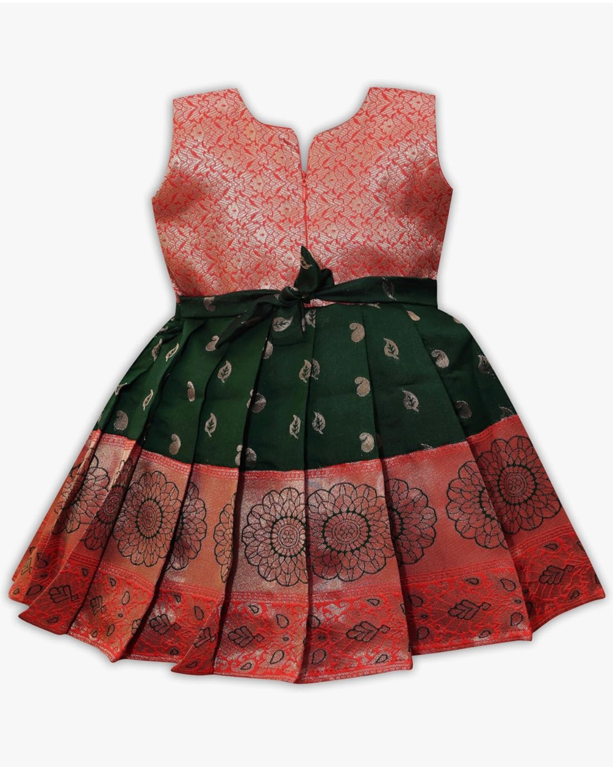 TRADITIONAL PATTU PAVADAI TAPETA SILK FROCK DRESS - RED & GREEN