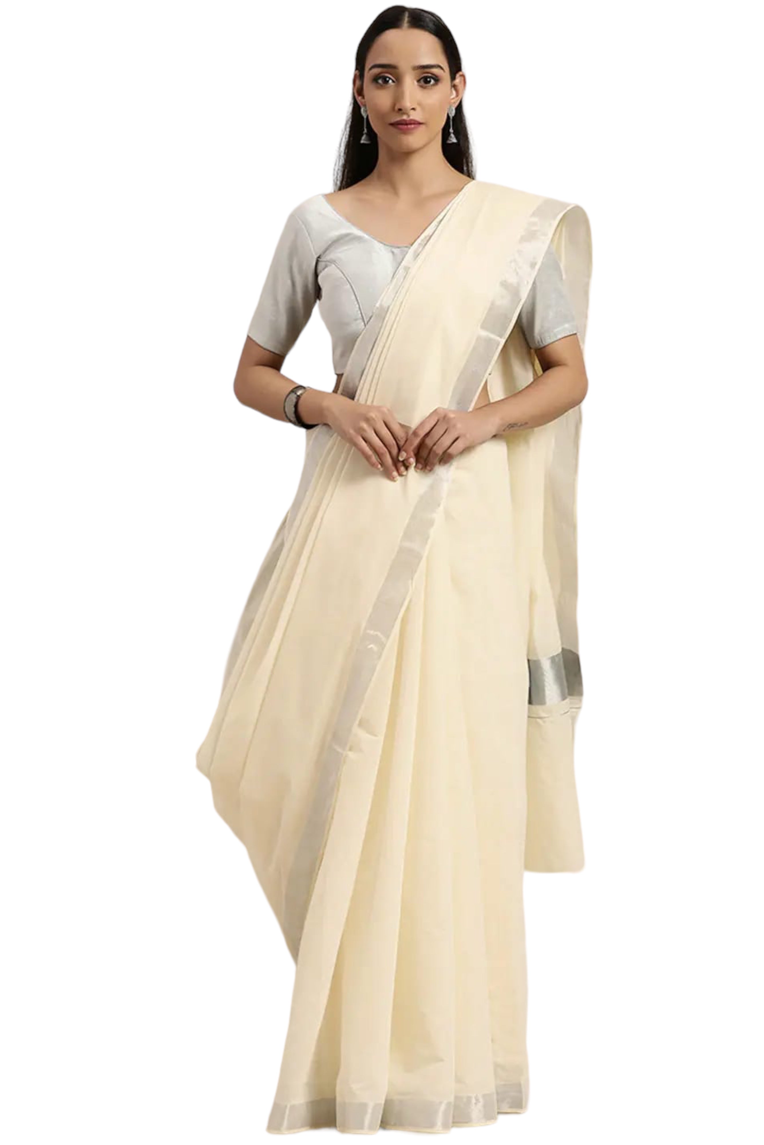 KASAVU COTTON OFF WHITE SAREE - SILVER BORDER