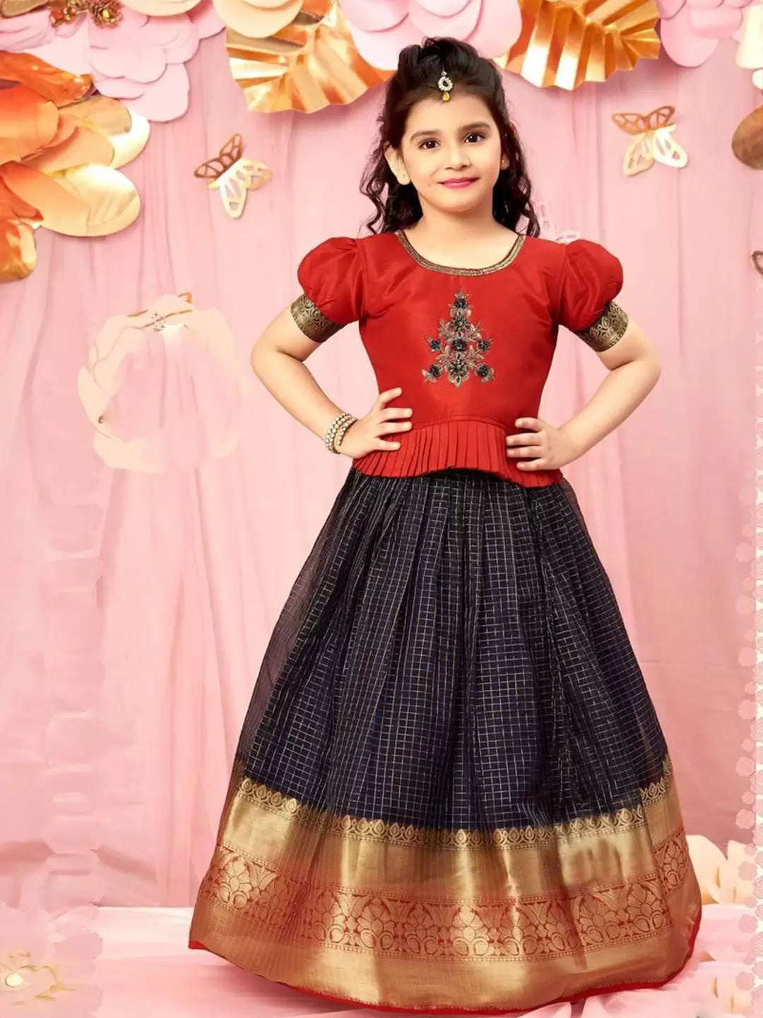 GIRL'S TISSUE CHECKS  READYMADE PATTU PAVADAI/LEHENGA CHOLI - RED & DARK BLUE