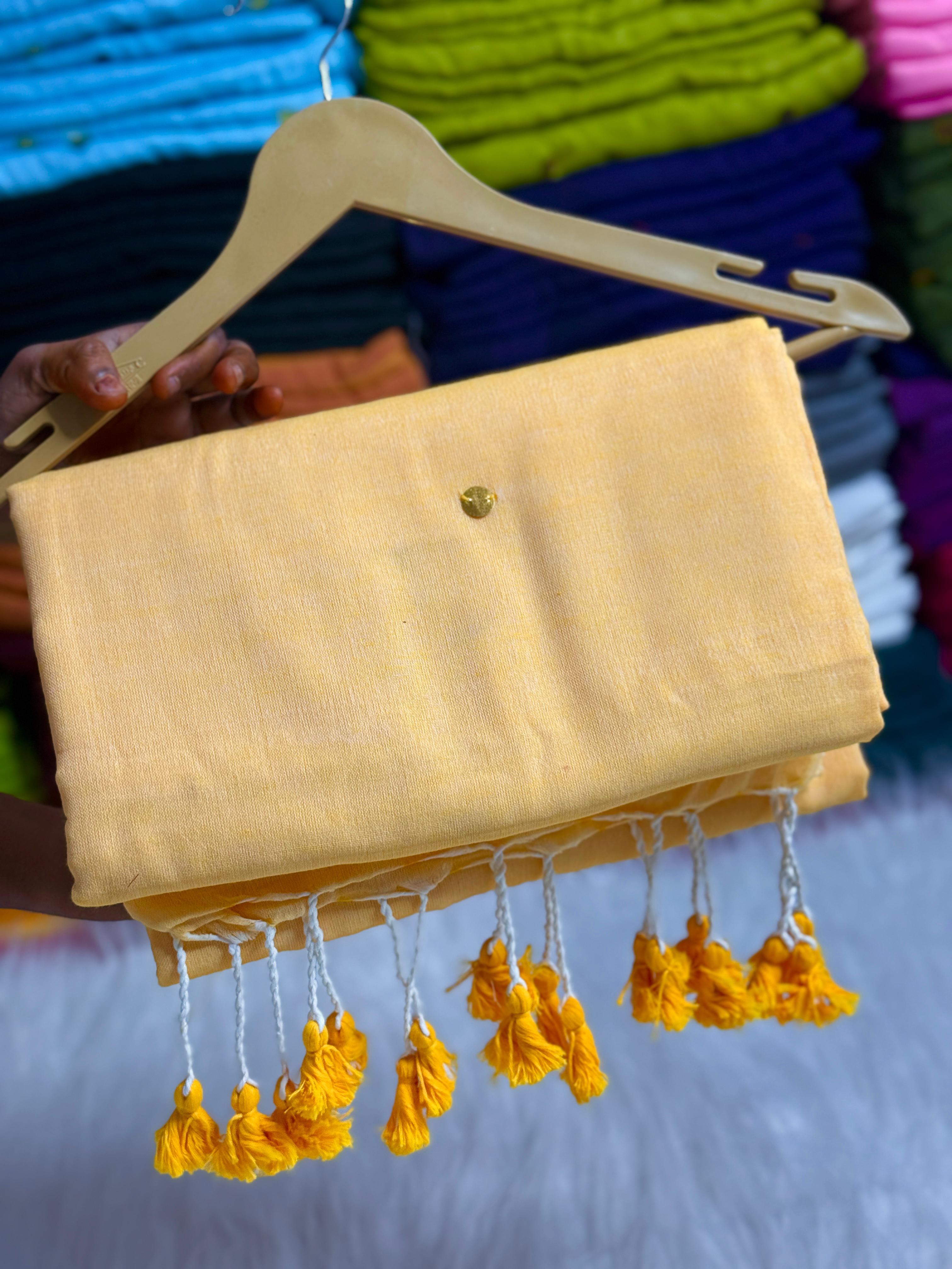 PURE KHADI MIRROR WORK COTTON SAREES - YELLOW