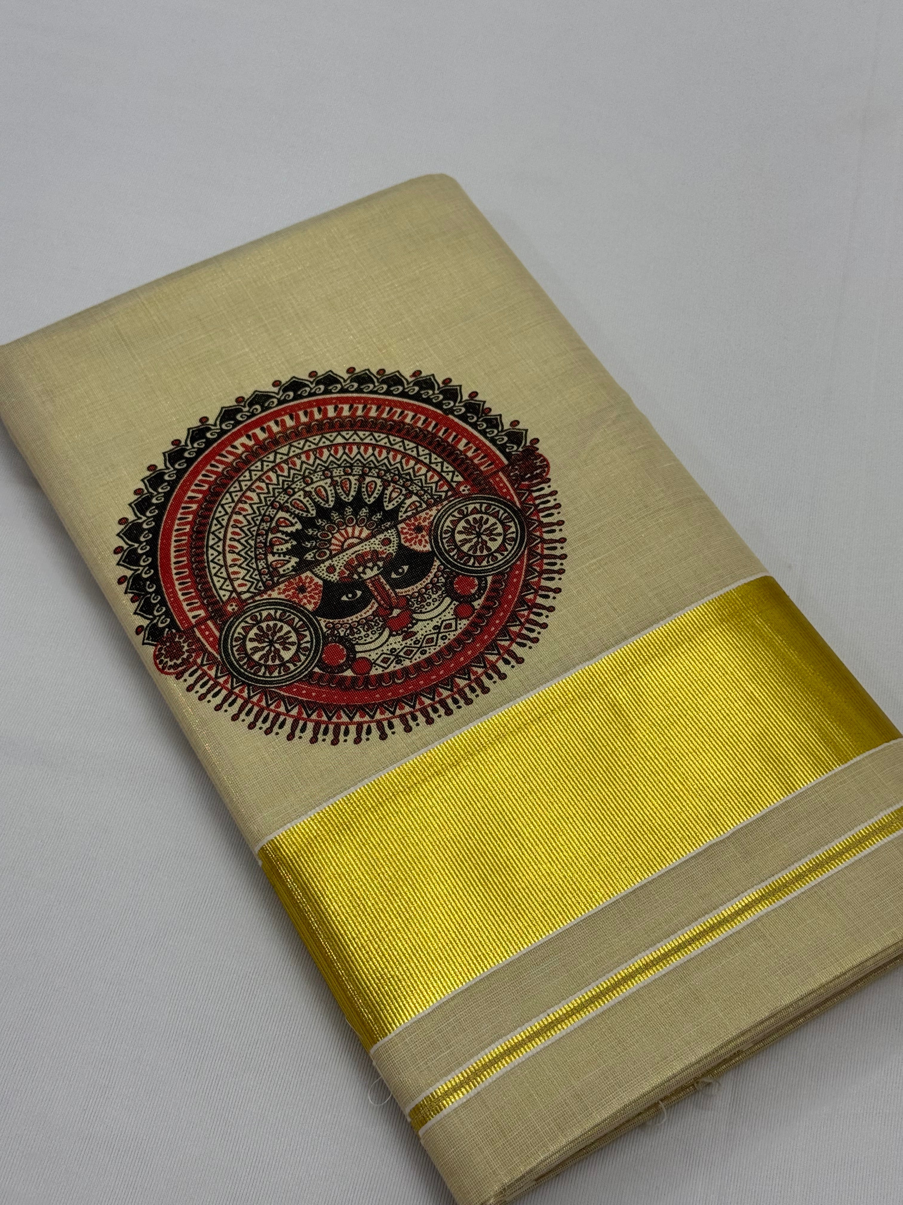 MURAL PAINTED/PRINTED KASAVU TISSUE SAREE (GOLD)