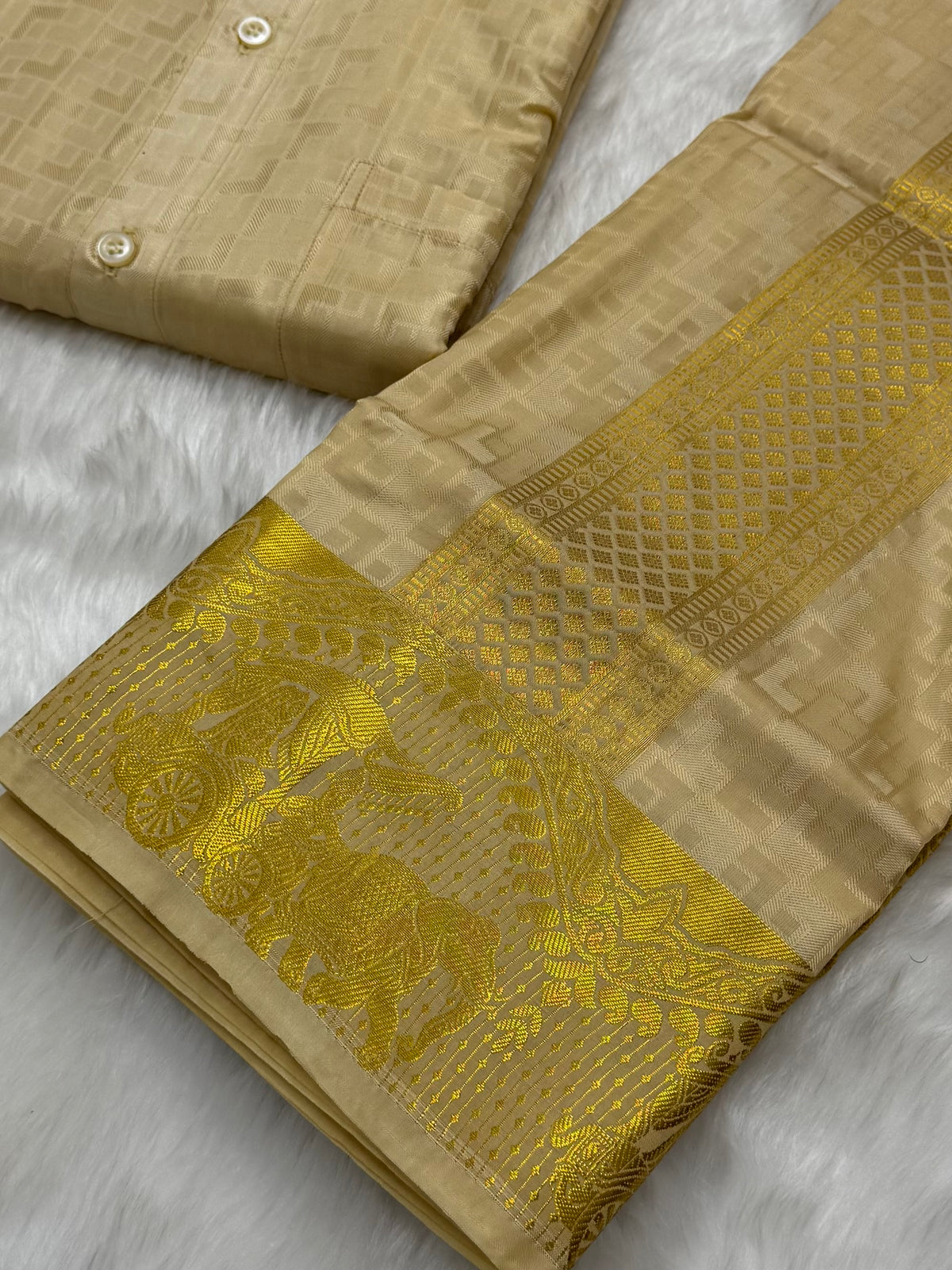 MEDIUM GOLD COLOURED SEMI SILK WEDDING SHIRT, DHOTI, FEATURING A GOLD ZARI BORDER - VELCRO