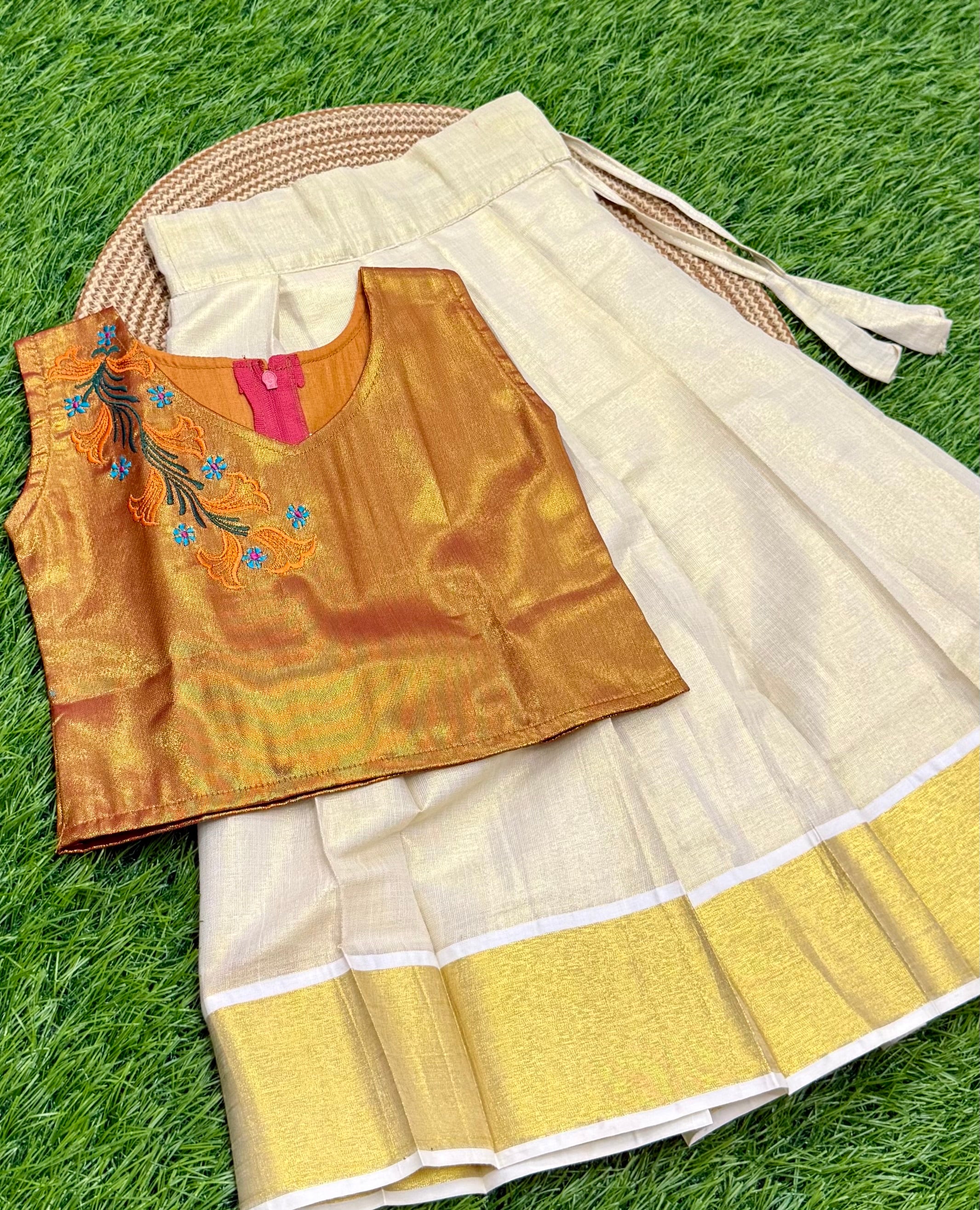 KIDS GIRL'S PATTU PAVADAI -  ORANGISH GOLD