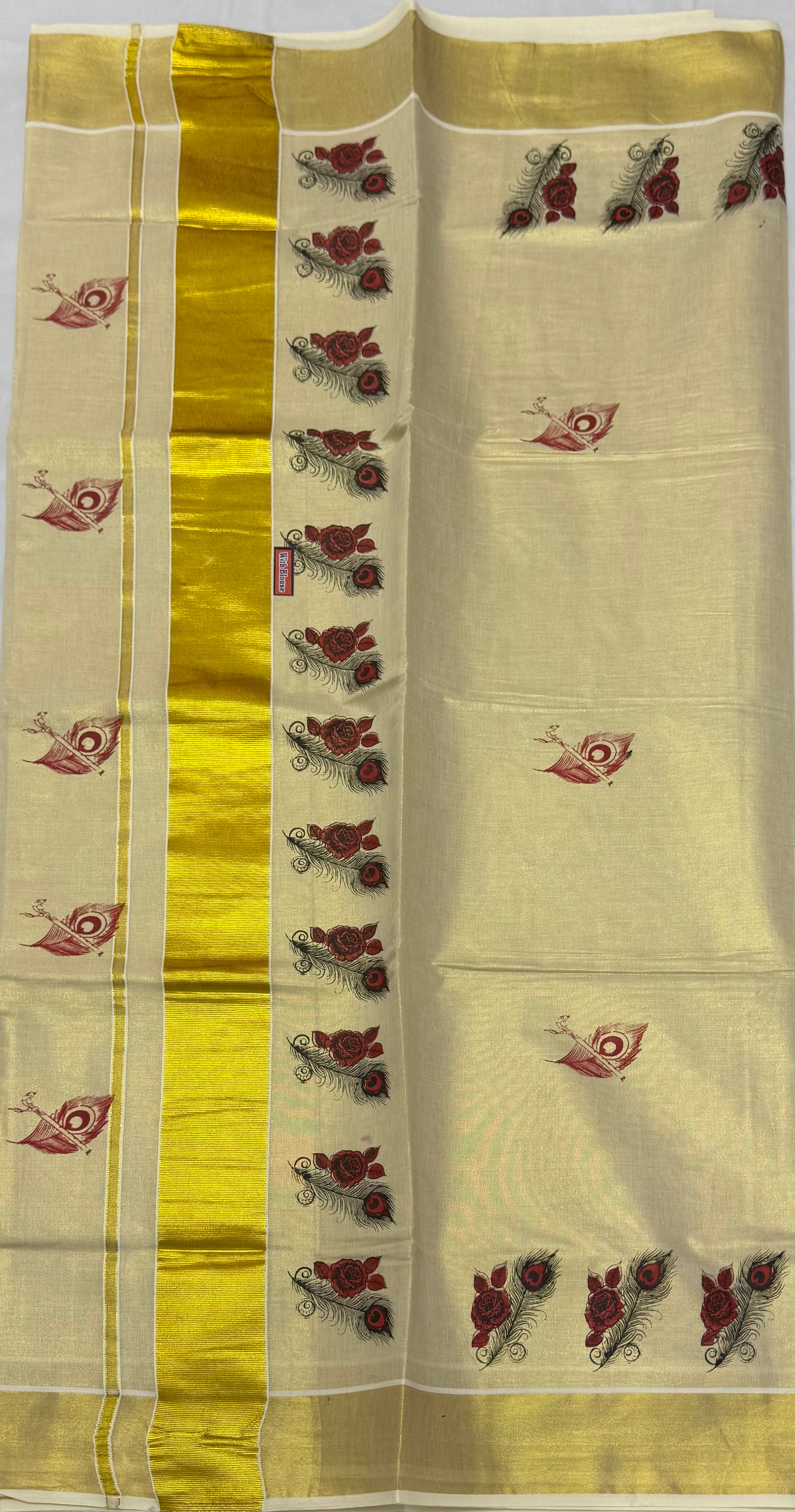 MURAL ART KASAVU TISSUE KERALA SAREE (GOLD,CREAM)